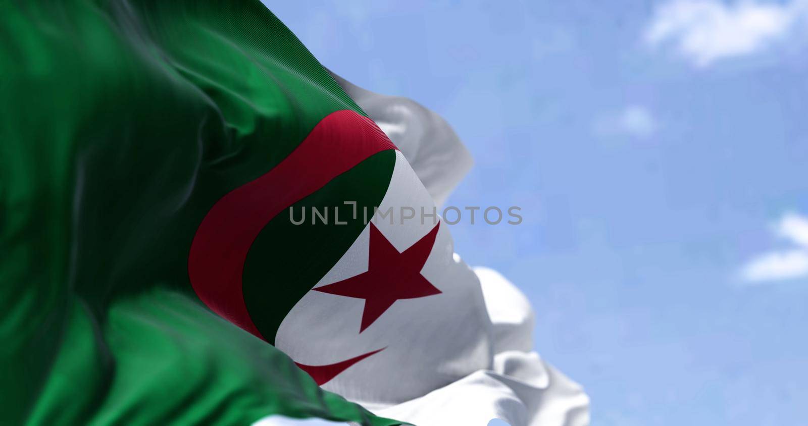 Detail of the national flag of Algeria waving in the wind on a clear day by rarrarorro