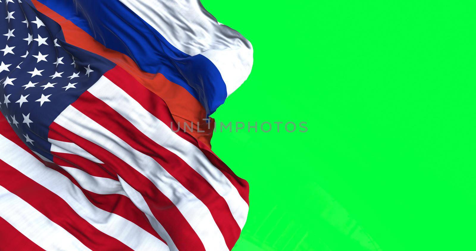 The flags of USA and Russia waving in the wind isolated over a green background. Russia and the United States maintain globally significant and strategic foreign-relations ties