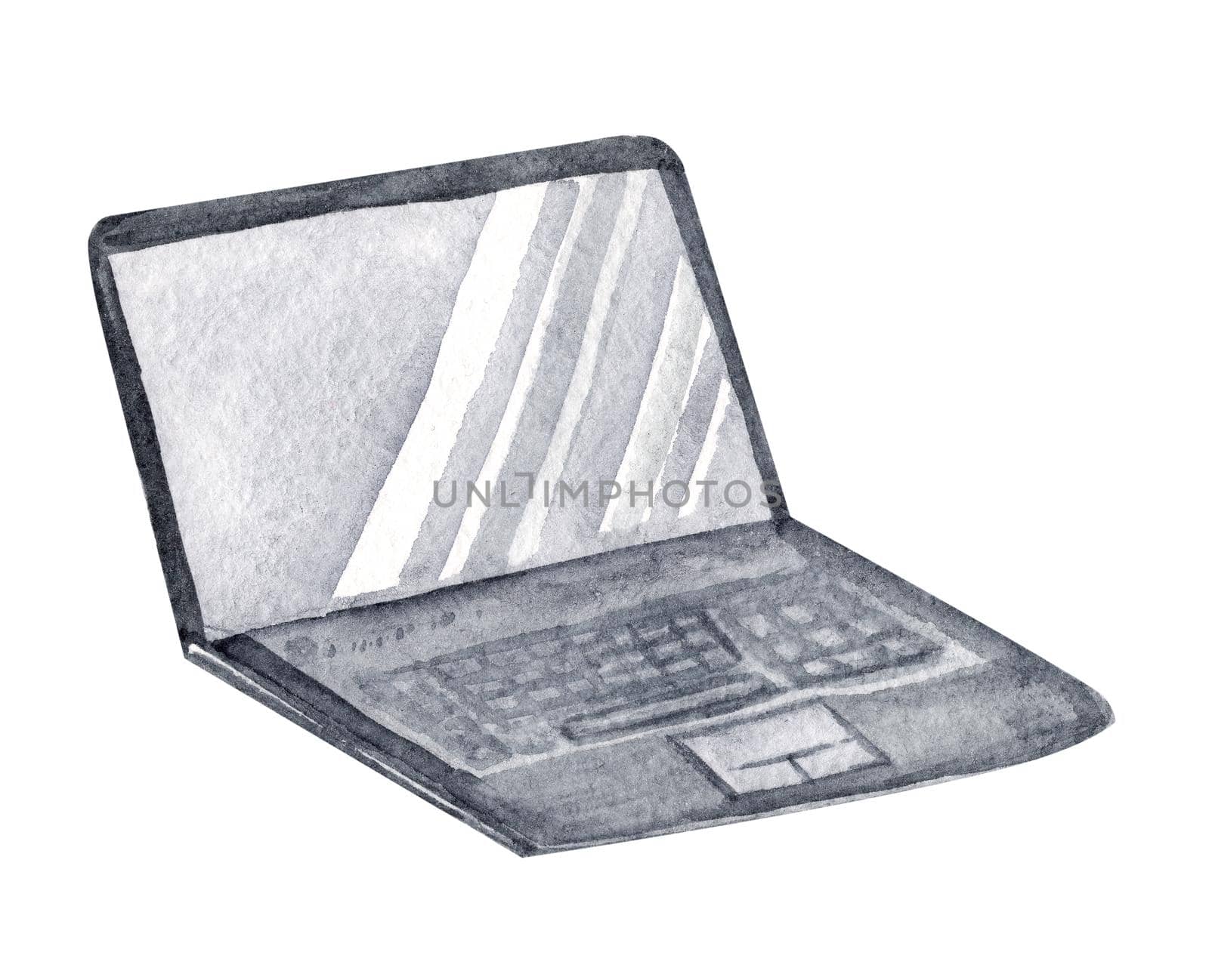 Watercolor black laptop isolated on white background