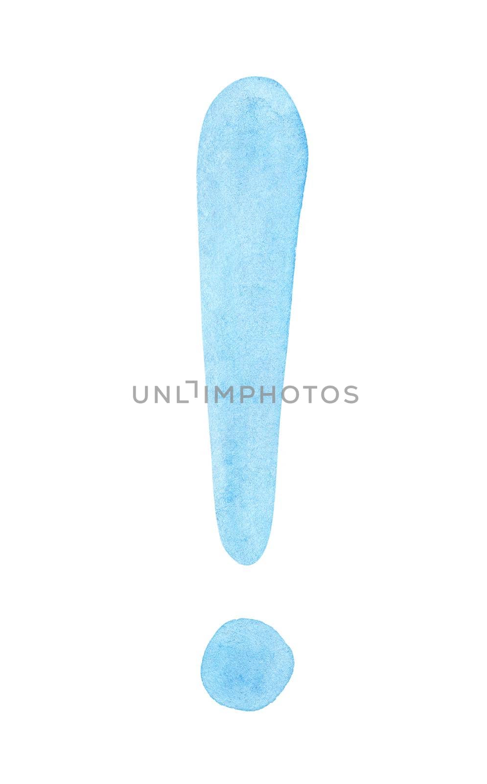 Hand drawn exclamation mark. Blue watercolor attention sign illustration