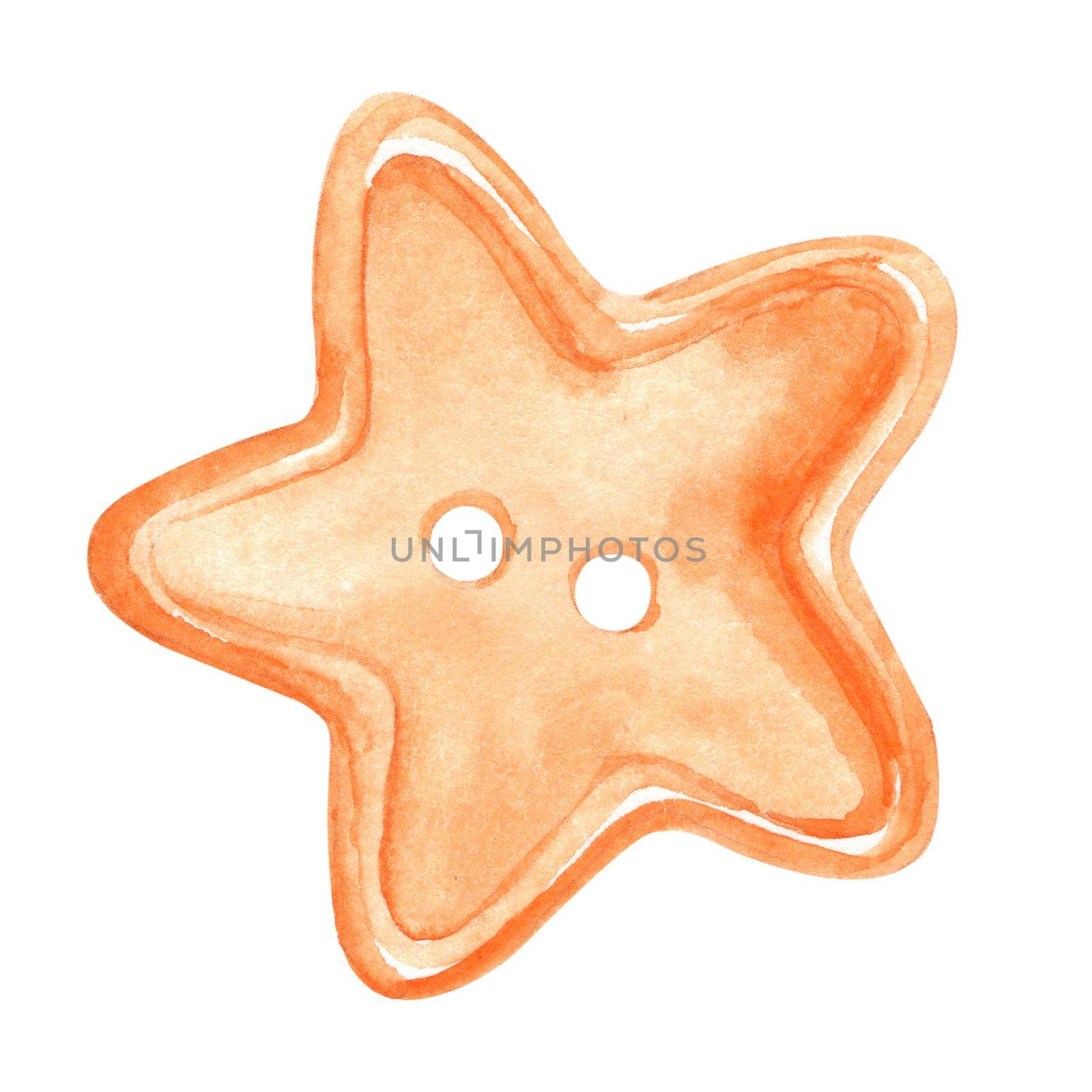 watercolor orange star button isolated on white background. Hand drawn sewing accessory