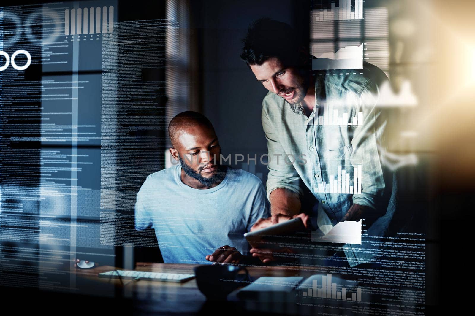 This algorithm should work. Shot of two programmers using a digital tablet while working together on a computer code at night. by YuriArcurs