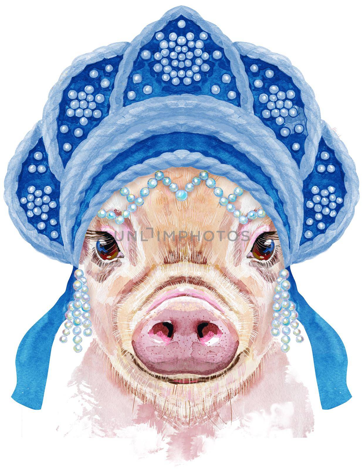 Watercolor portrait of mini pig in Russian national headdress kokoshnik by NataOmsk