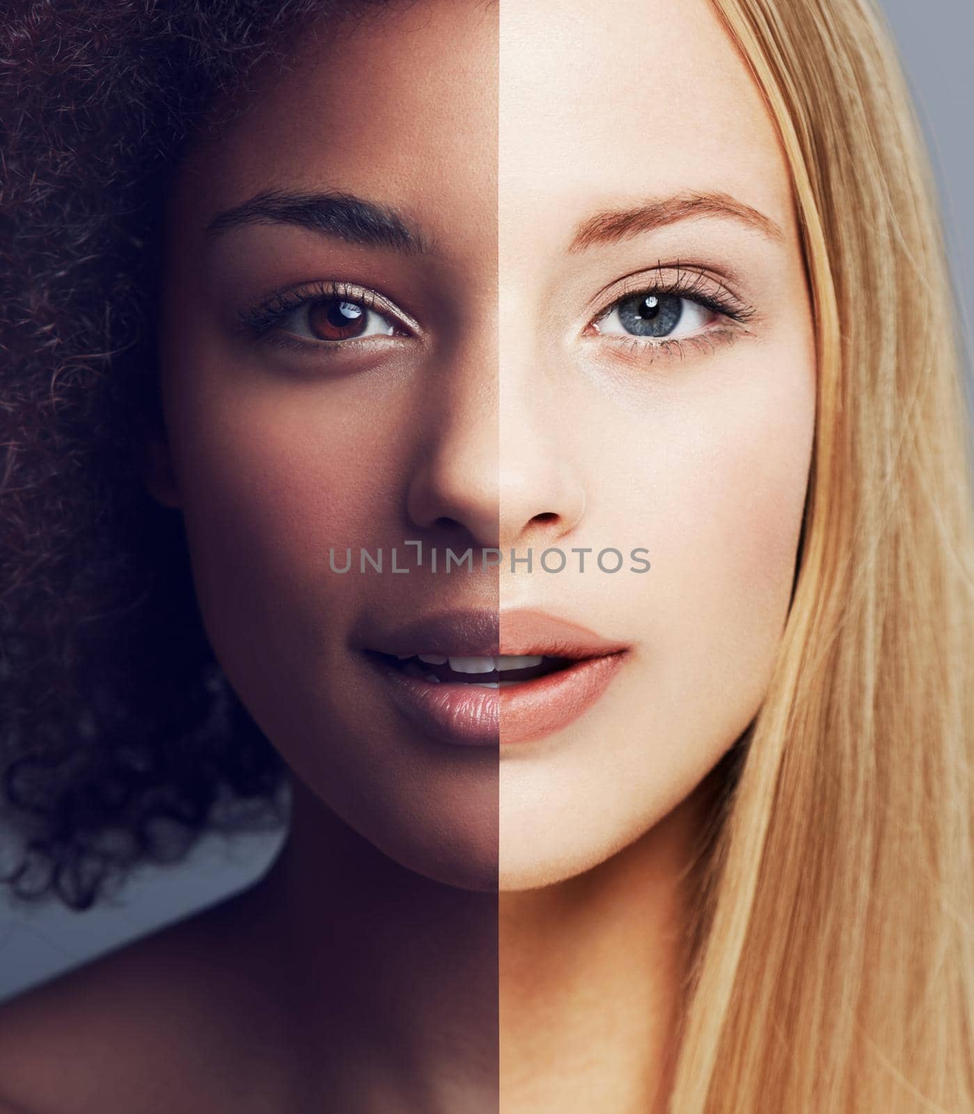 Conceptual portrait of the combined face of an african american woman and a caucasian woman
