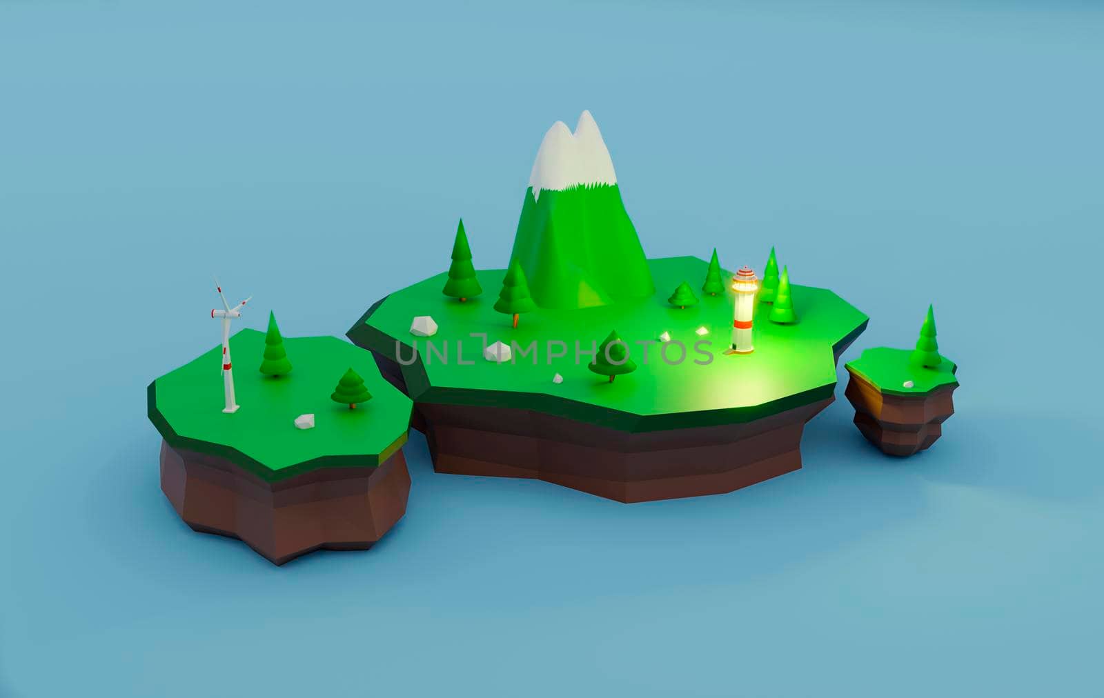 Ecology concept renewable sources clean energy in 3d low poly style. Floating island wind turbine. Mountain and trees. 3d render illustration.