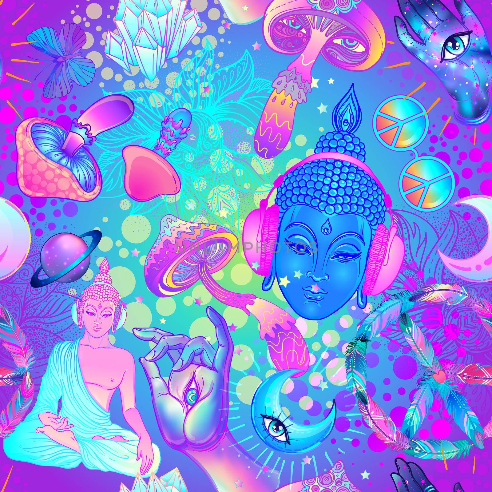 Psychedelic seamless pattern: trippy mushrooms, peace sign, acid Buddha, butterflies, all-seeing eye, mandala. Background with stoned trippy drug elements in cartoon comic style.