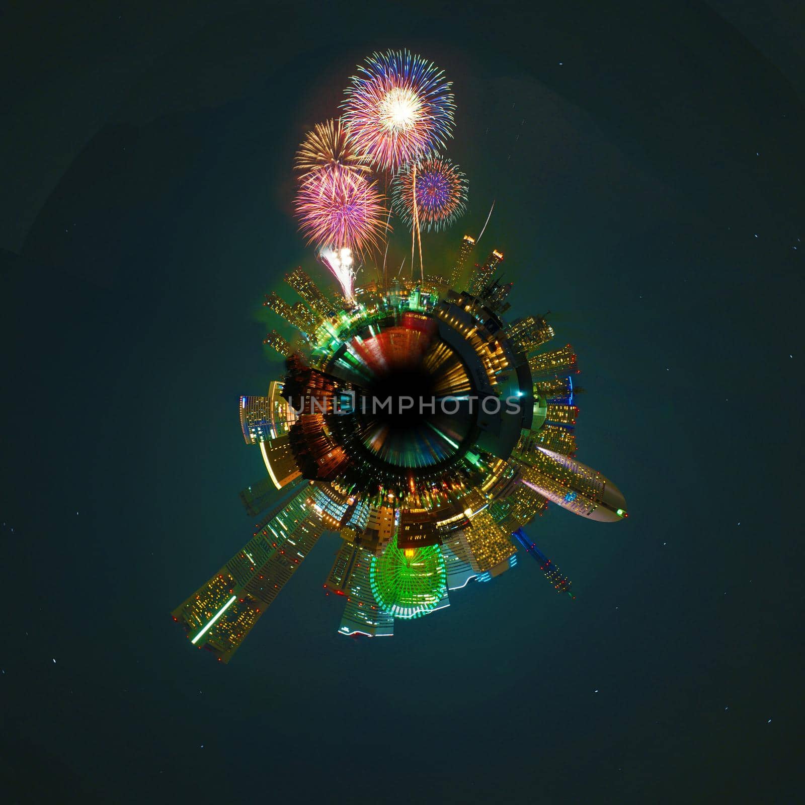 Little Planet (Minato Mirai and Fireworks). Shooting Location: Yokohama-city kanagawa prefecture