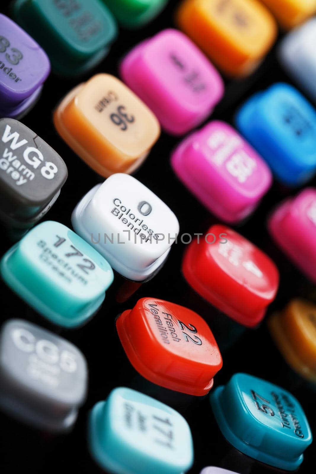 A set of markers for drawing in different colors for sketching with markings. Close-up