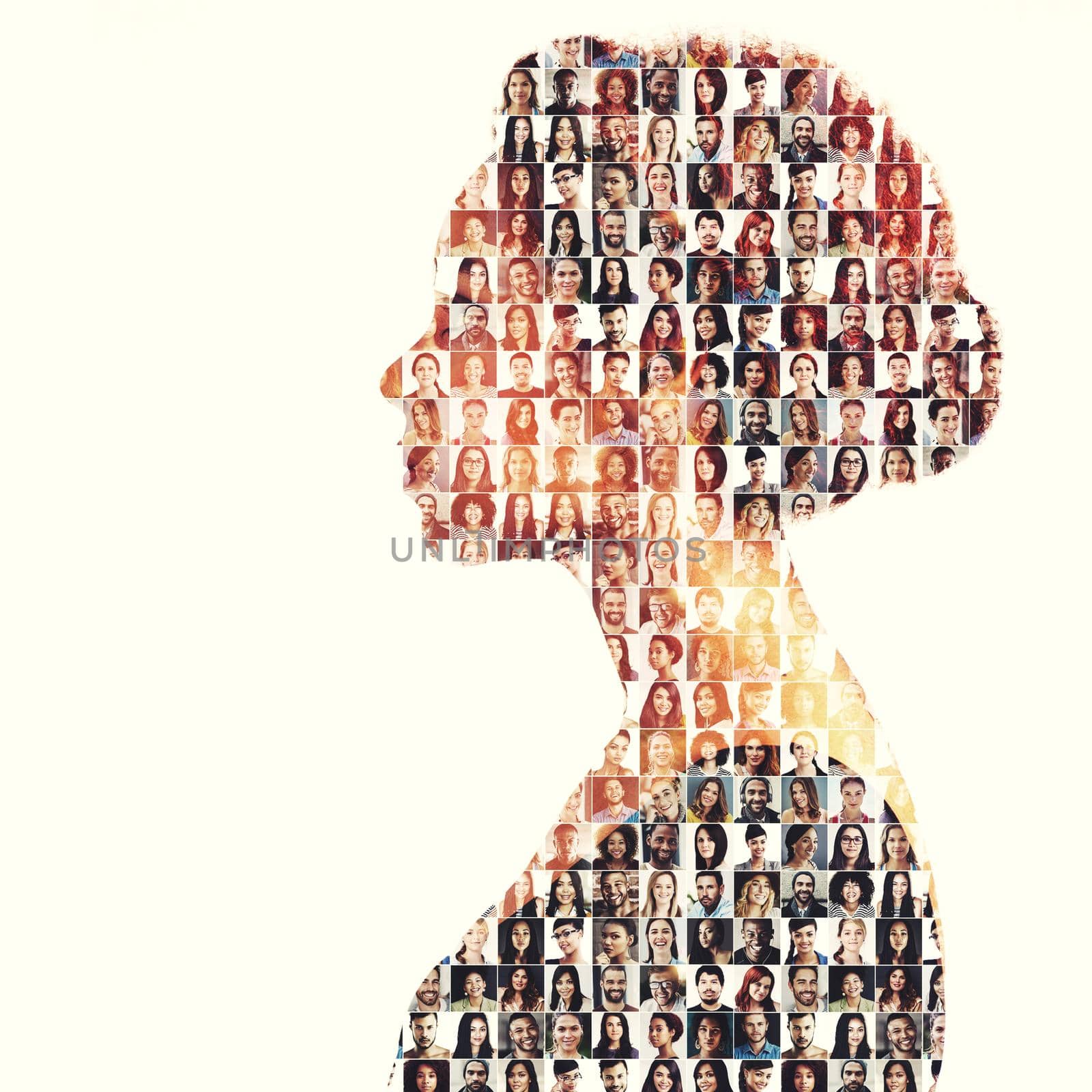Composite image of a diverse group of people superimposed on a woman's profile
