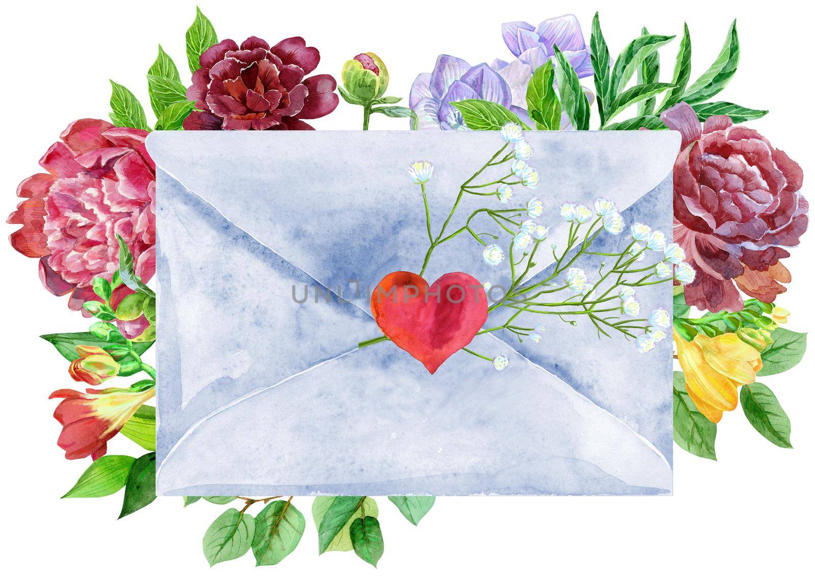 Watercolor hand-drawn illustration of an envelope with red heart and flowers on a white background isolated