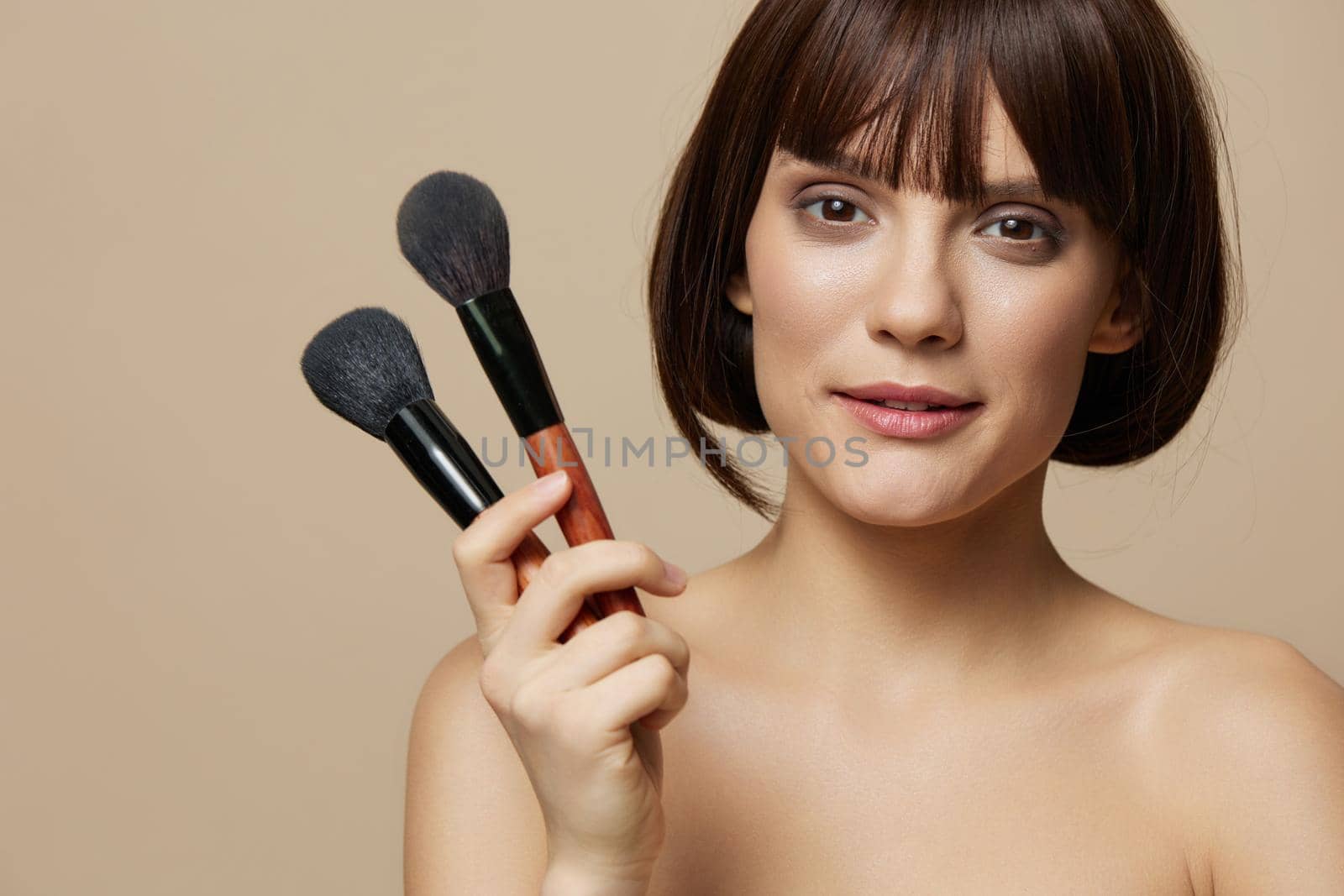 portrait woman smile brushes charm short haircut isolated background. High quality photo