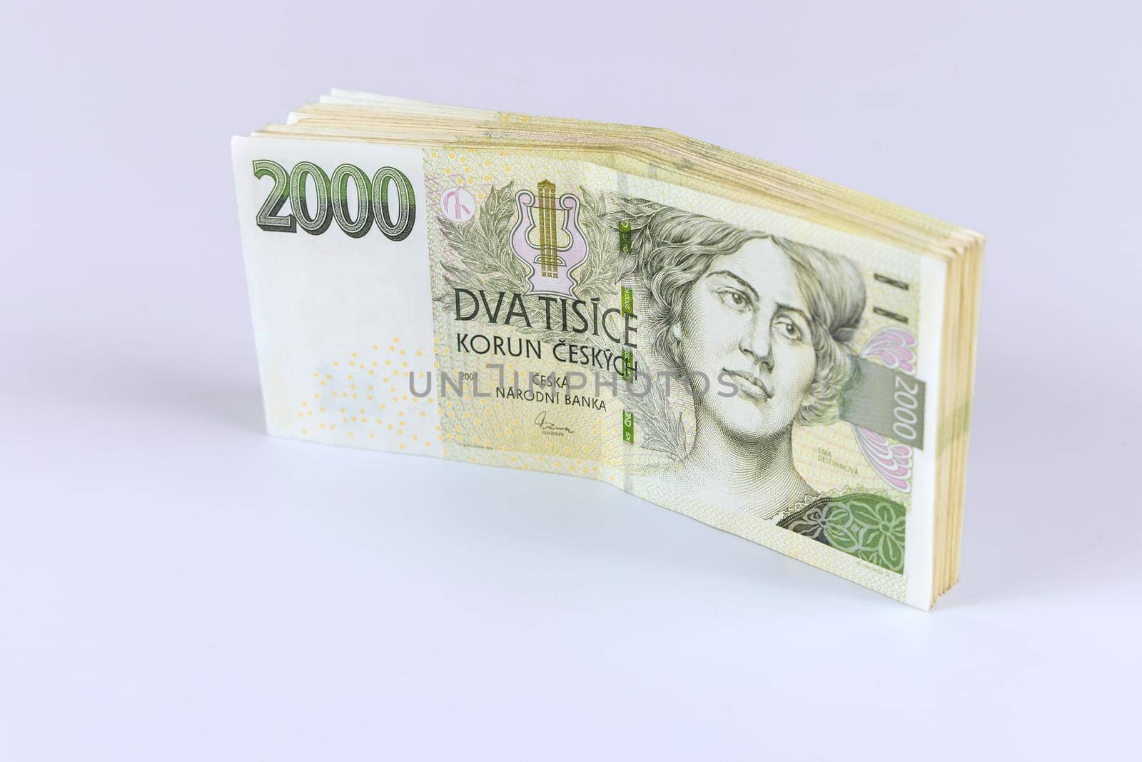 Close-up Czech two thousand koruna many banknotes