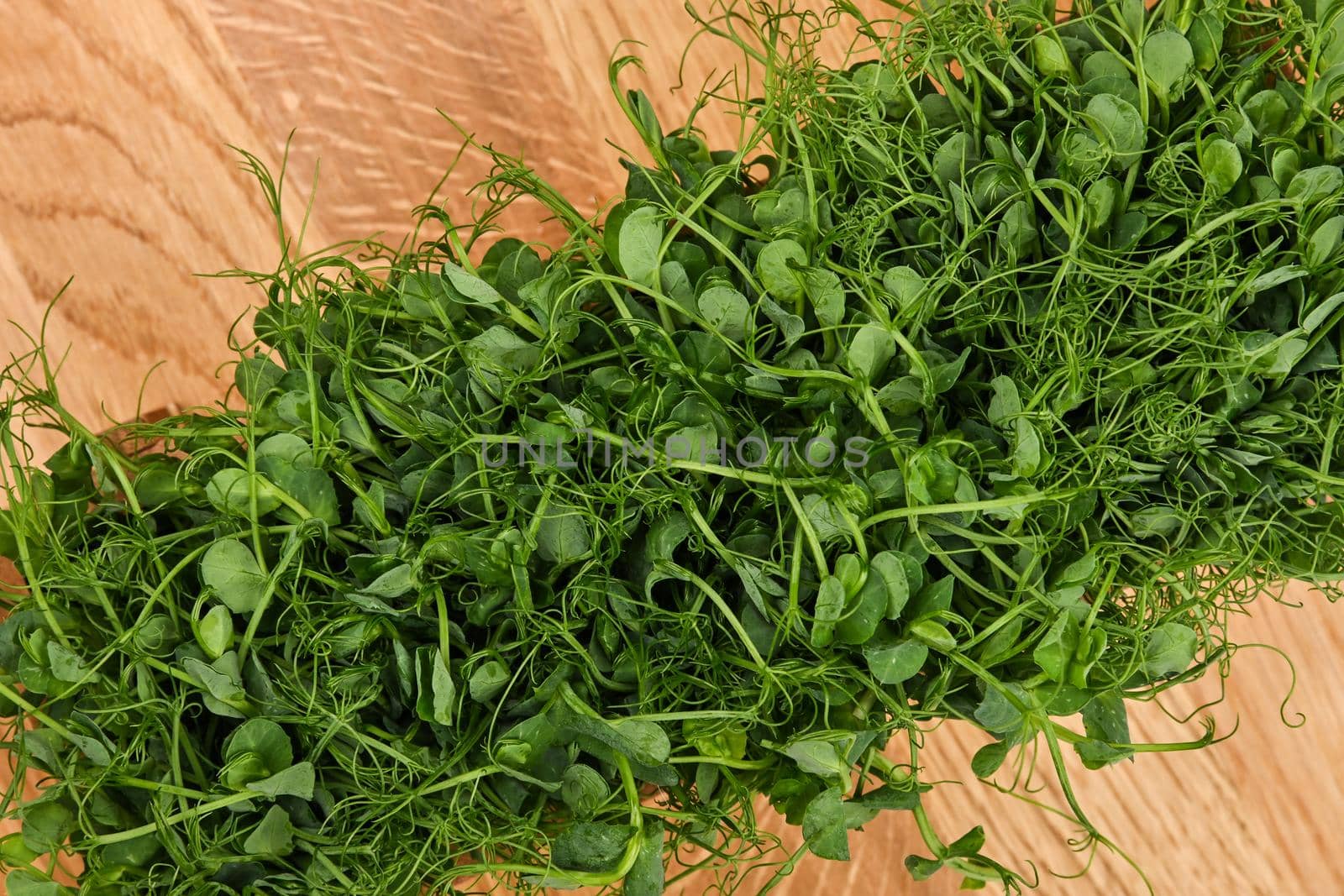 Close up fresh green pea microgreen sprouts on brown wooden cutting board background, elevated top view, directly above