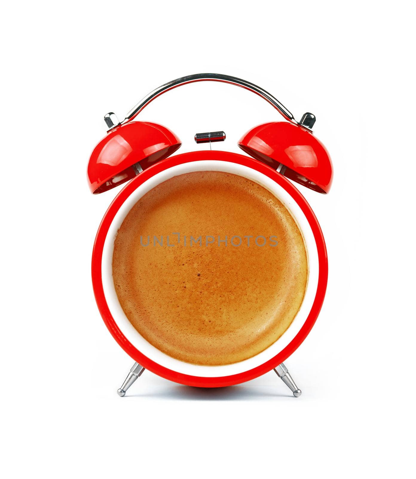 Close up one red retro alarm clock with espresso coffee cup froth crema face, isolated on white background, low angle, front view