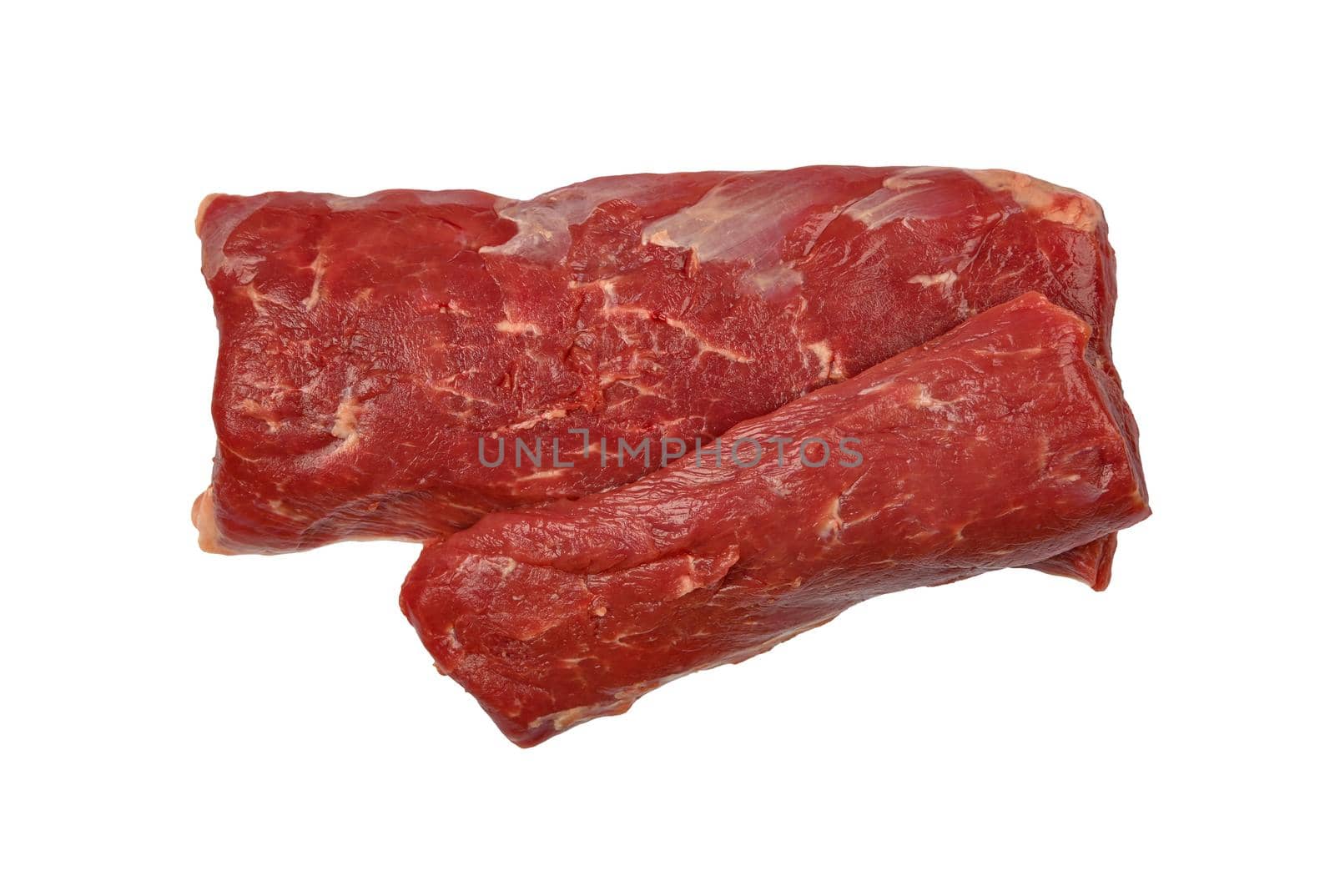 Close up raw lamb or mutton meat fillet cut steak isolated on white background, elevated top view, directly above