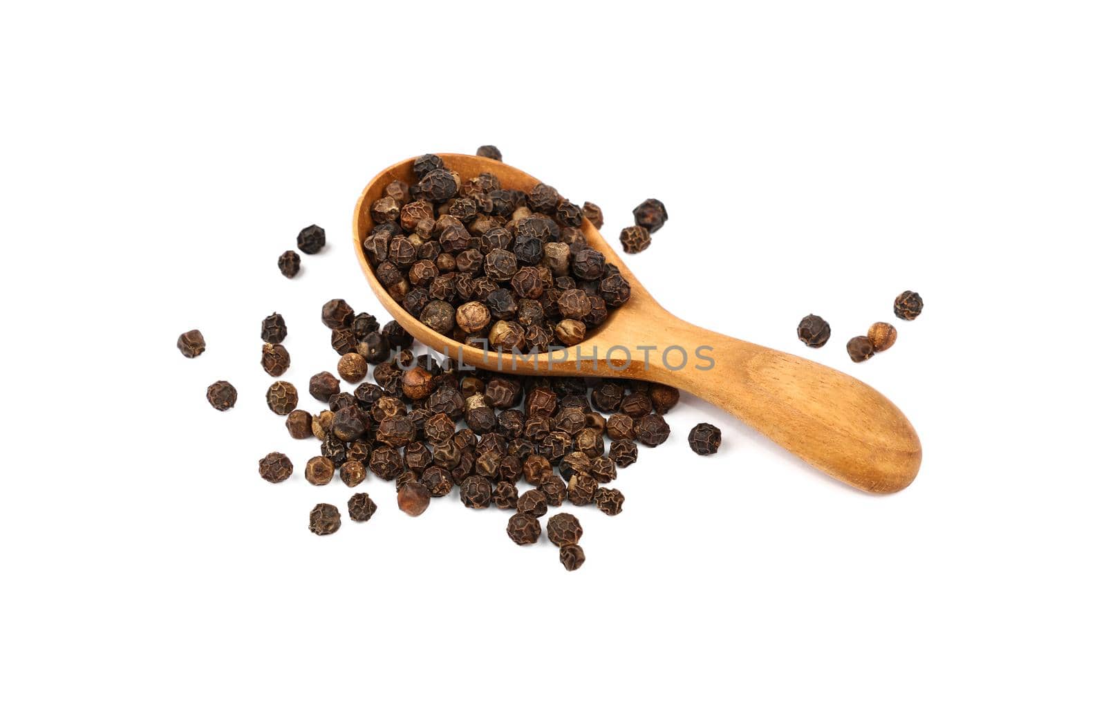 Close up one wooden scoop spoon full of black pepper peppercorns and heap of peppercorns spilled and spread around isolated on white background, high angle view