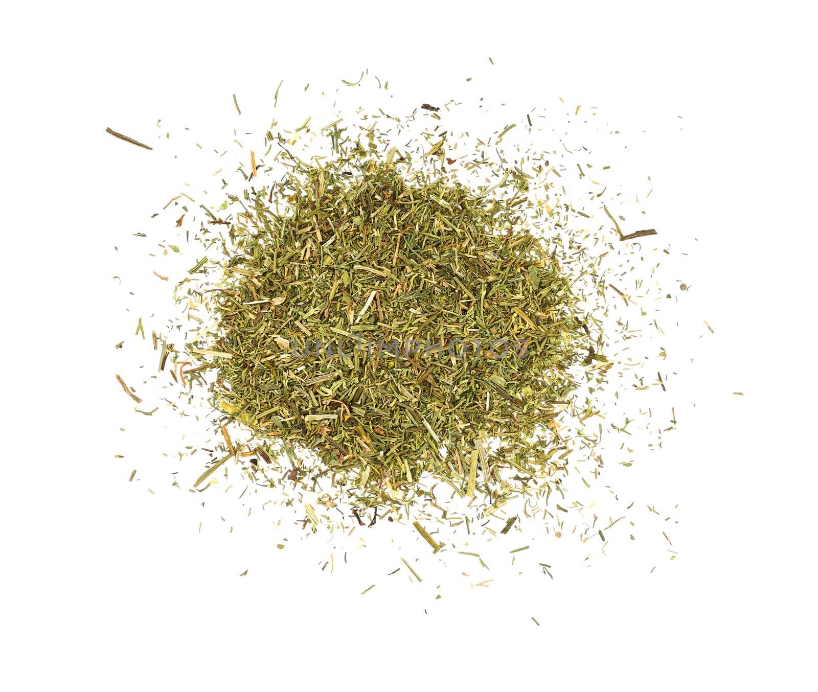 Close up one heap of green dried herbs spilled and spread around, dill or marjoram isolated on white background, elevated top view, directly above