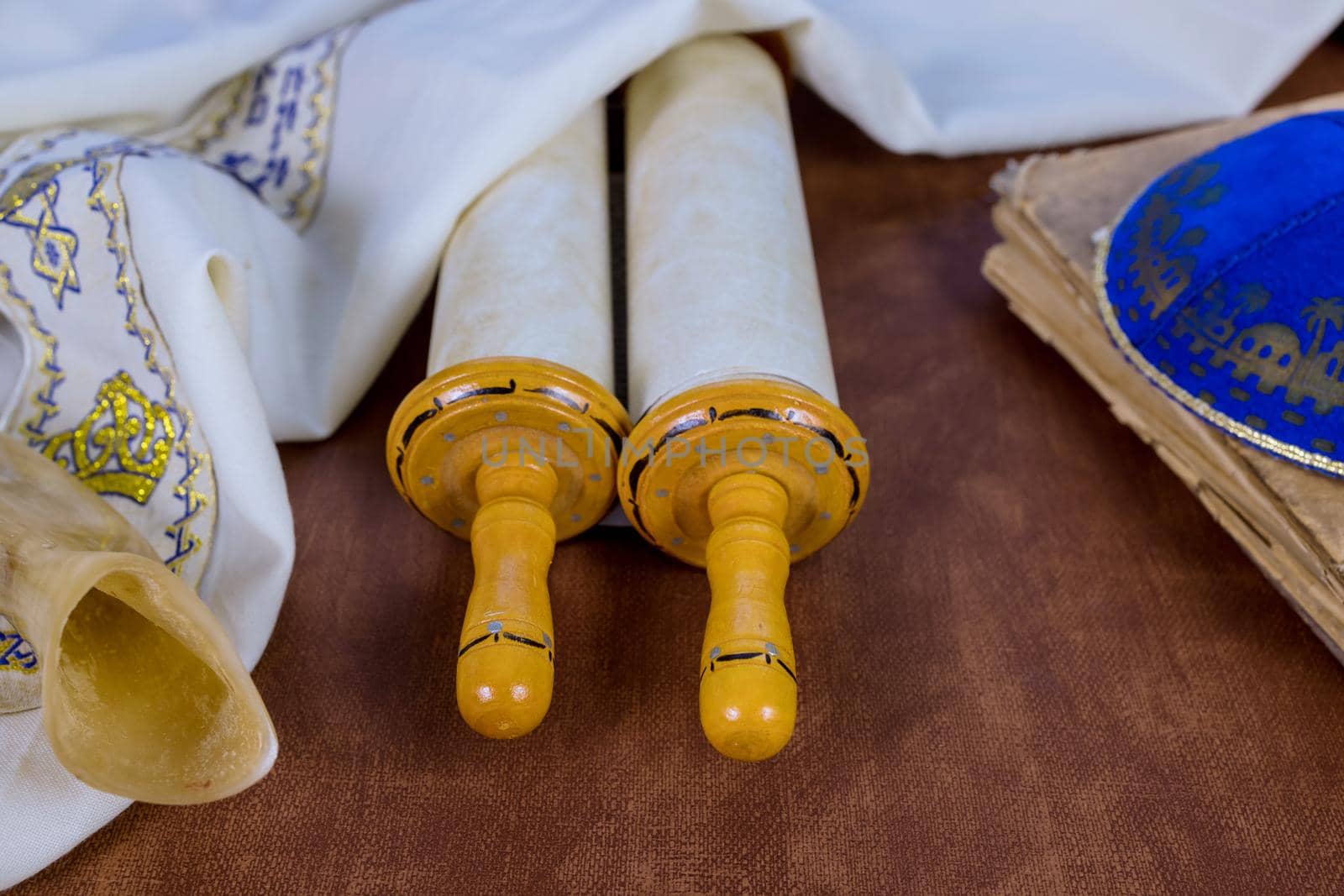 Jewish religious symbols with shofar tallit prayer book of torah scrolls a pointer by ungvar