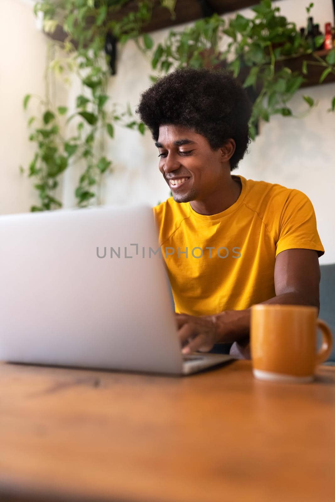 Happy young African American man sitting on sofa using laptop in the morning to check his social media. Vertical image. Technology concept. At home concept.