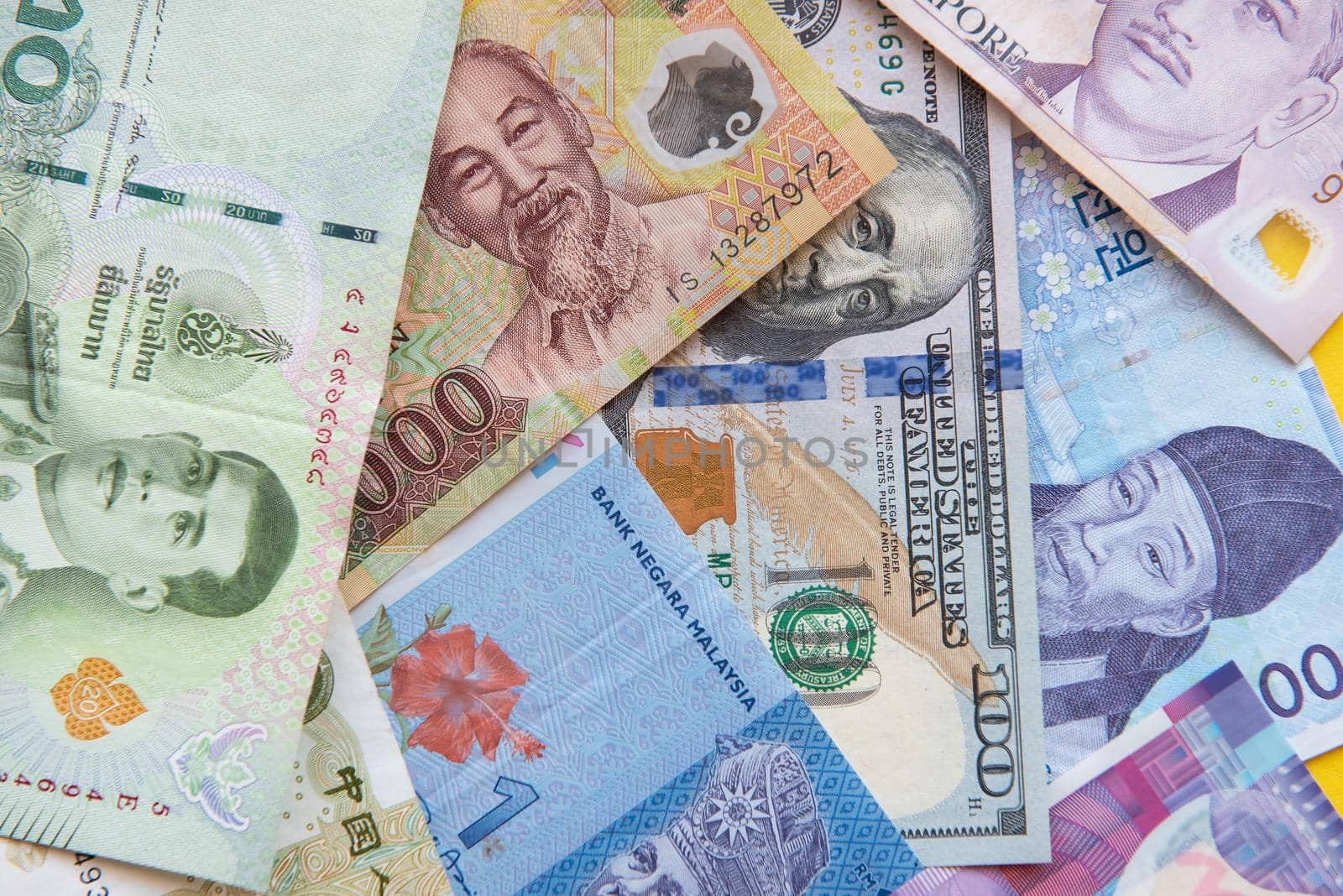A collection of international currencies. Money background close up. Money Exchange Finance Business concept.
