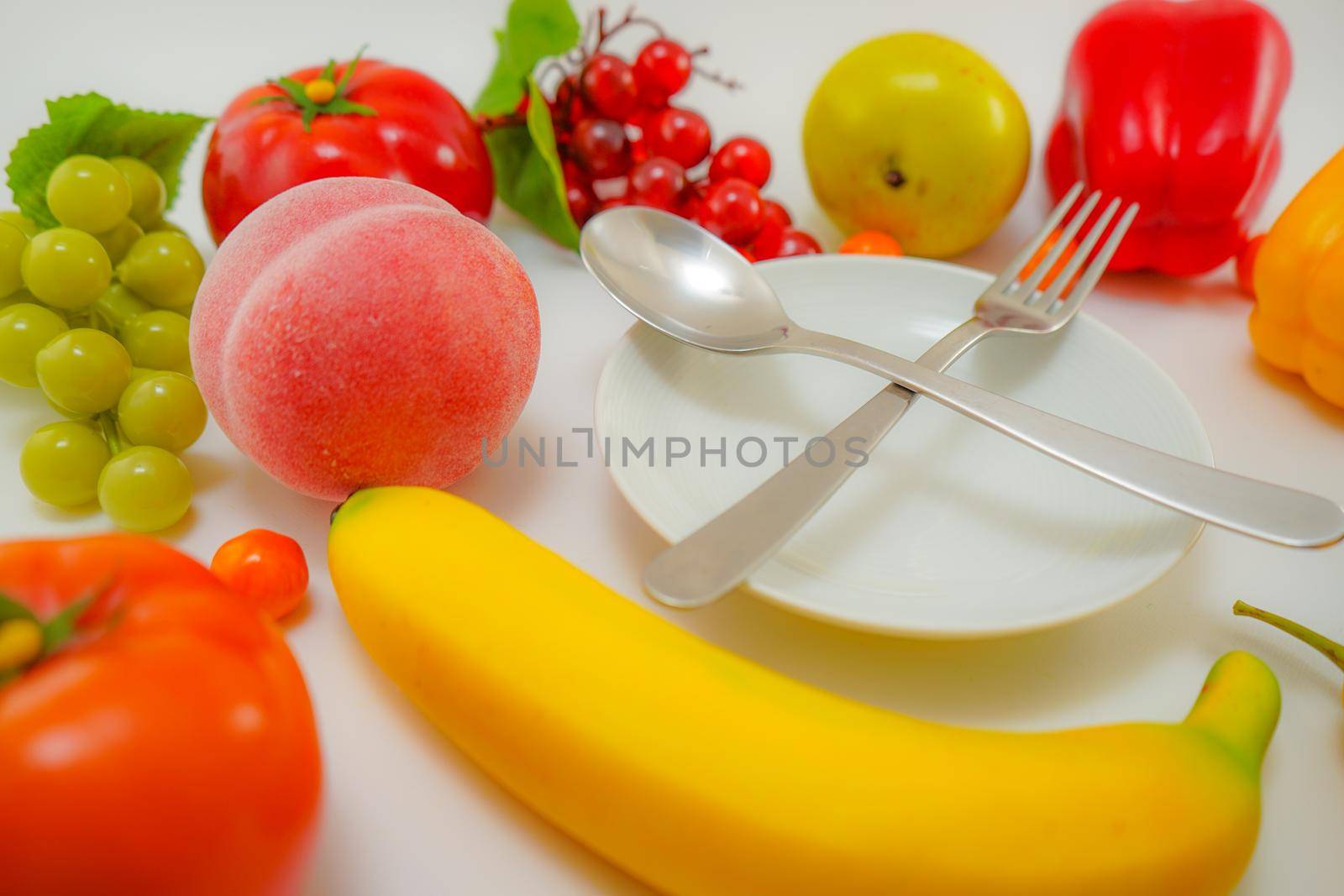 Vegetables and fruits and dishes placed in the table. Shooting Location: Yokohama-city kanagawa prefecture