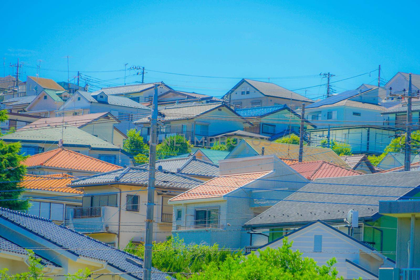 Hino city city and blue sky. Shooting Location: Tokyo Metropolitan Hino City