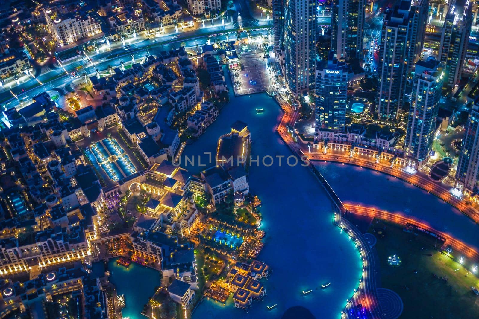 Night view of Dubai seen from the observation deck of Burj Huji. Shooting Location: Dubai