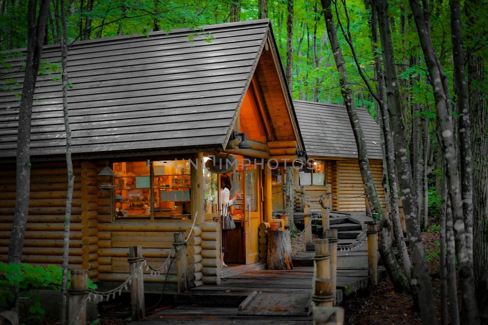 Image of Lodge standing in the forest. Shooting Location: Hokkaido Furano