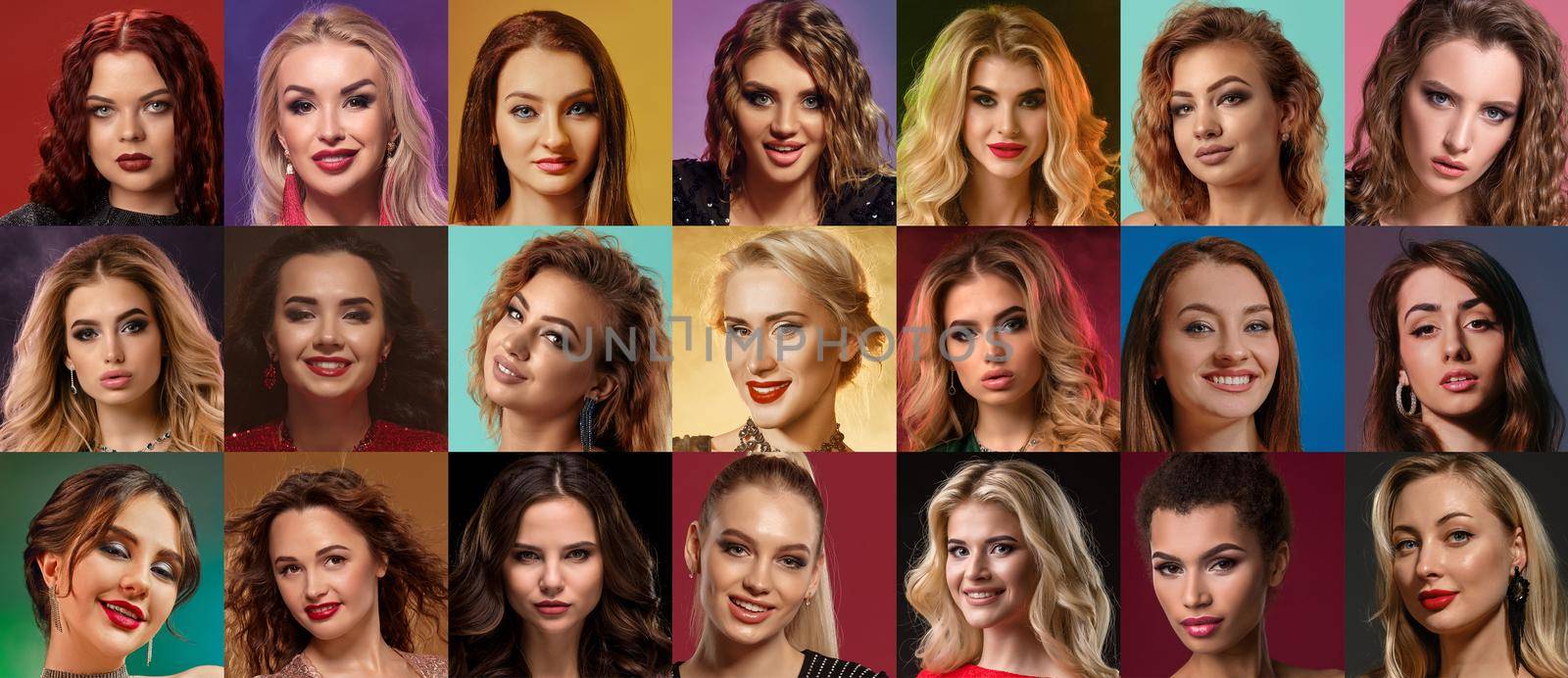 Collage of gorgeous women faces with bright make-up and hairstyles, expressing different facial emotions. Studio shot against colorful backgrounds