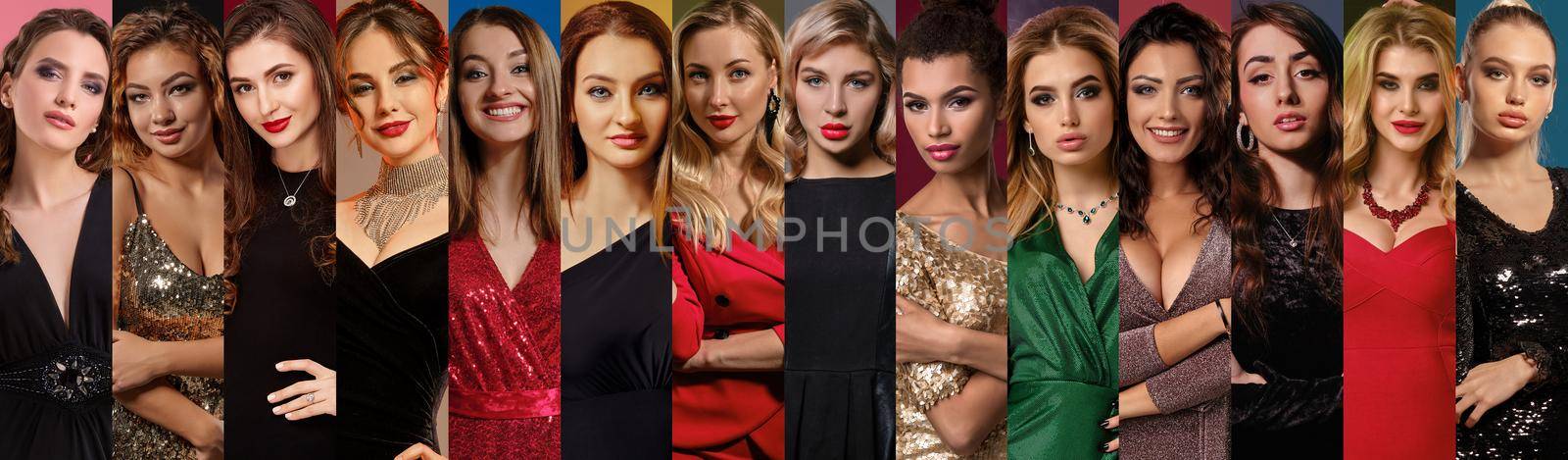 Young women in stylish dresses and jewelry. They expressing different facial emotions. Posing against colorful backgrounds. Collage, close-up by nazarovsergey