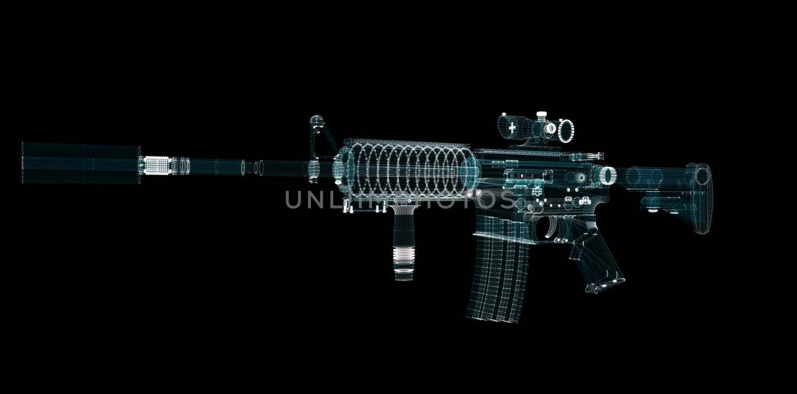 Submachine Gun Hologram. Weapon and Technology Concept. Interface element. 3d illustration