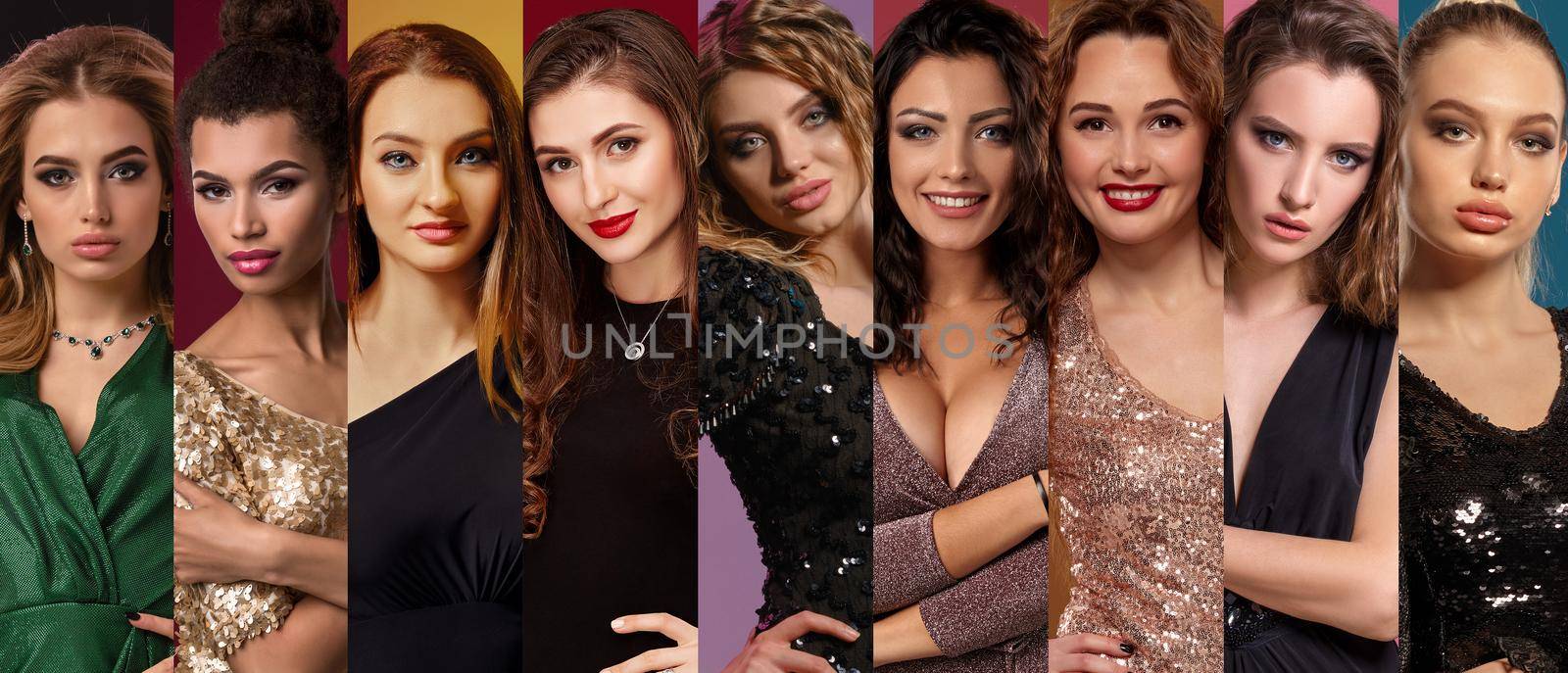 Collage of young girls in stylish dresses and jewelry. They expressing different facial emotions. Posing on colorful backgrounds. Close-up by nazarovsergey