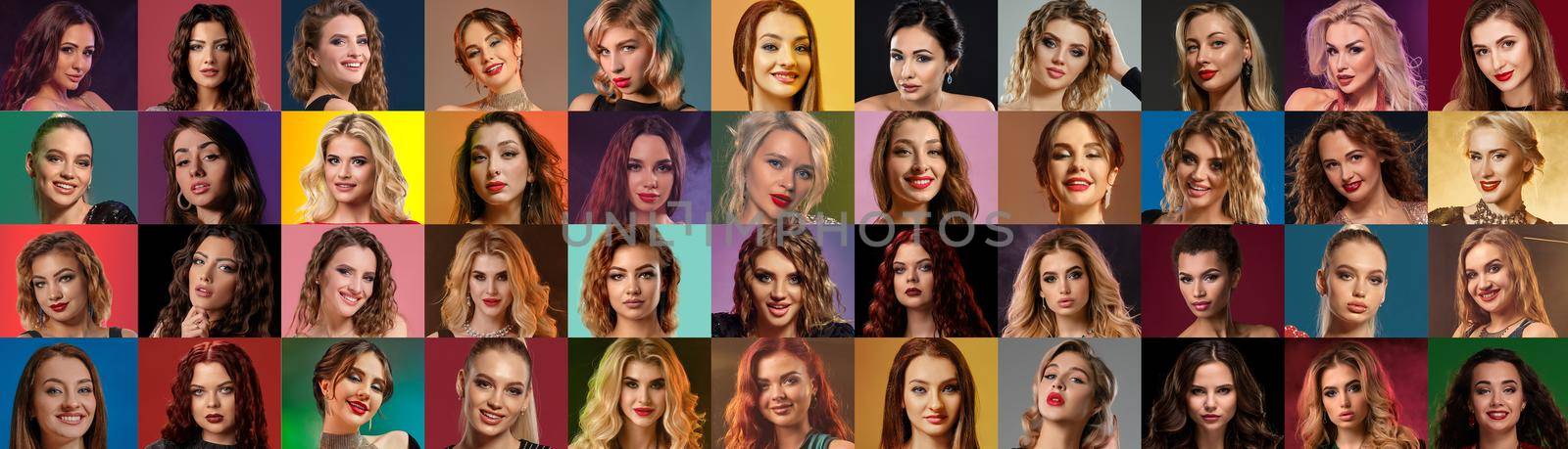 Collage of women and men faces expressing different facial emotions, smiling, unsmiling. Posing on colorful backgrounds by nazarovsergey
