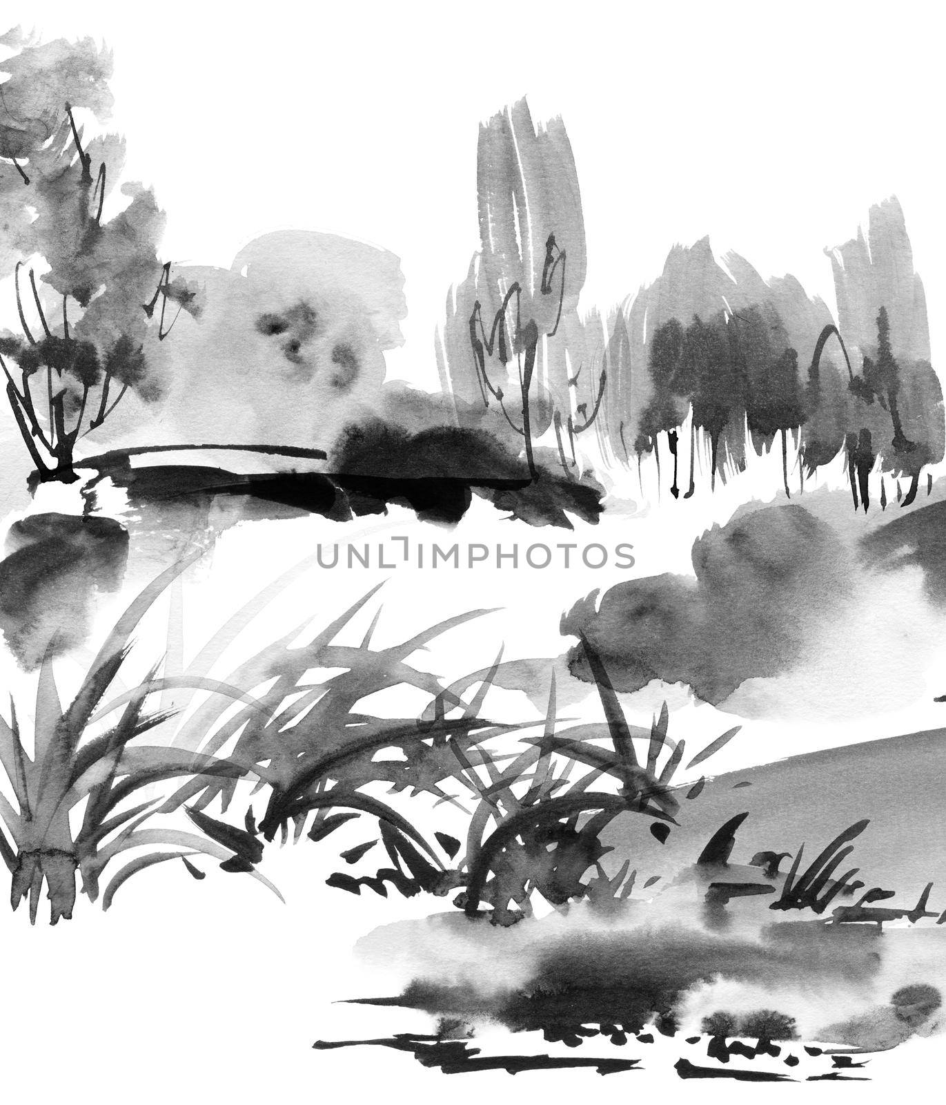 Ink painting of landscape with pagoda and some greenery. Oriental traditional painting in style sumi-e.