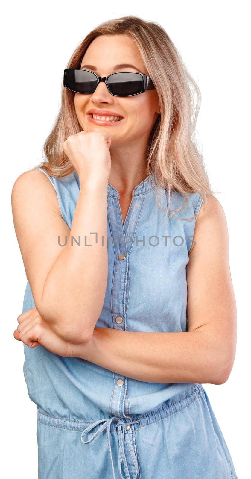 Portrait of a beautiful young woman with smile and sunglasses isolated on white background