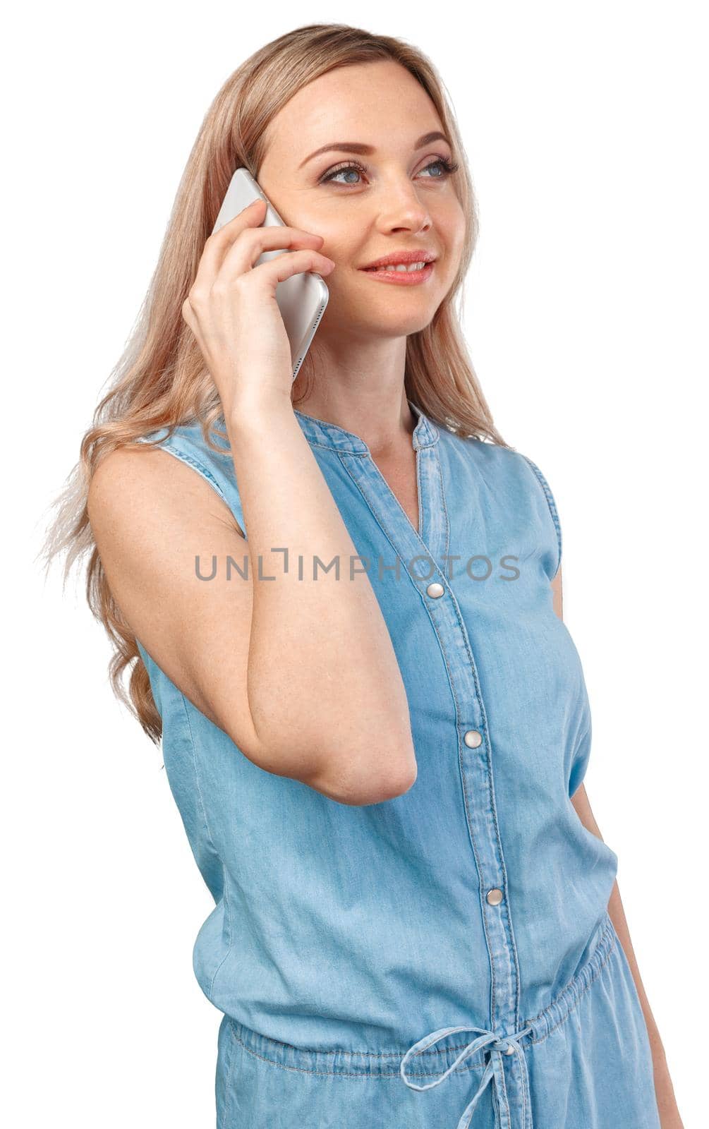 Young beautiful woman talking on the phone over white isolated background, close up