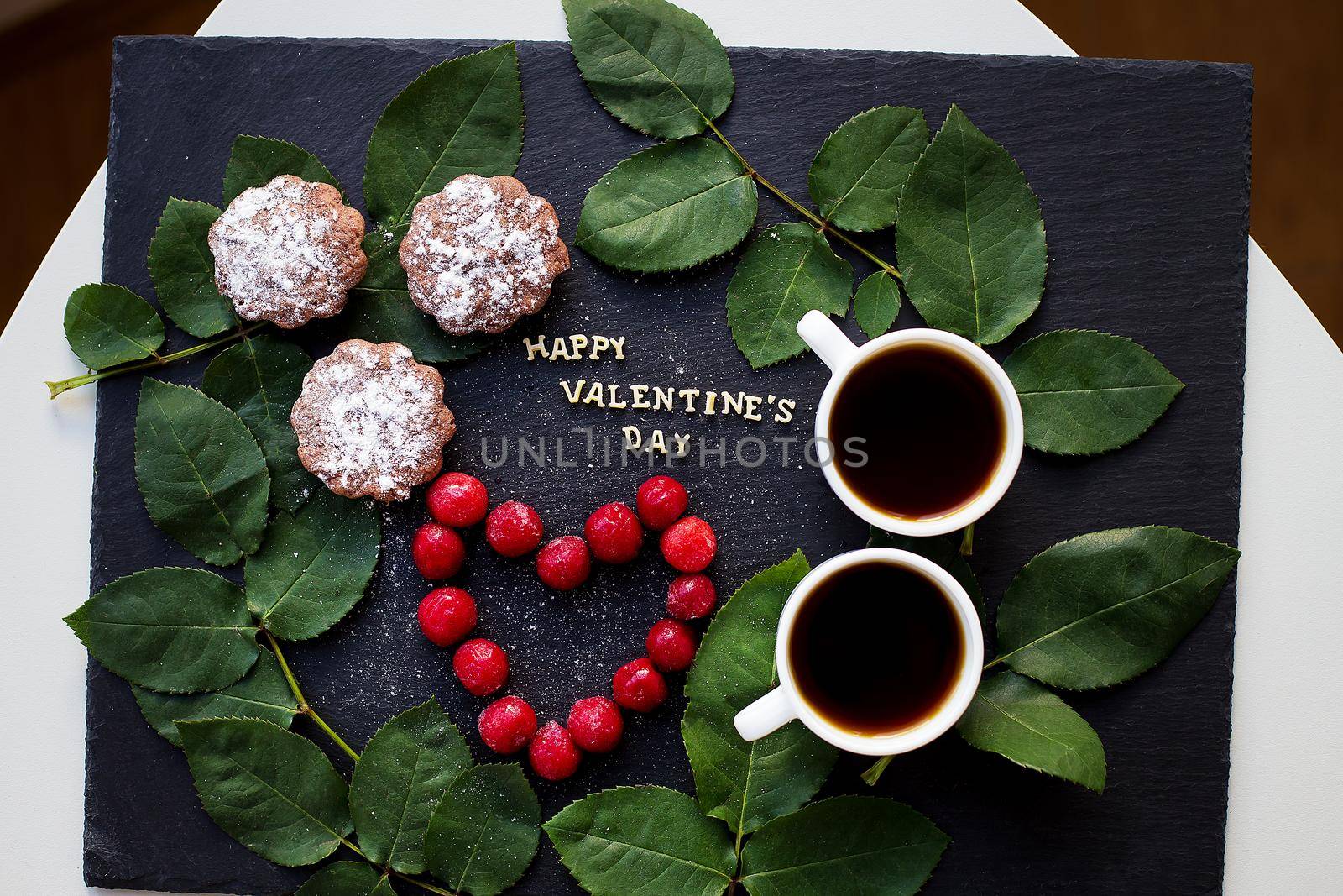 beautiful still life - Happy Valentine inscription, cherry, muffins, coffee