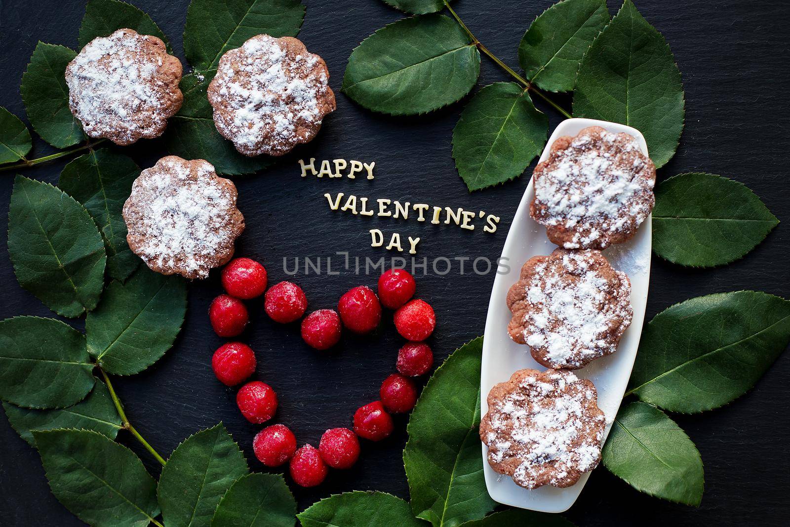 Still Life inscription Happy Valentine, cherry, muffins, coffee closeup