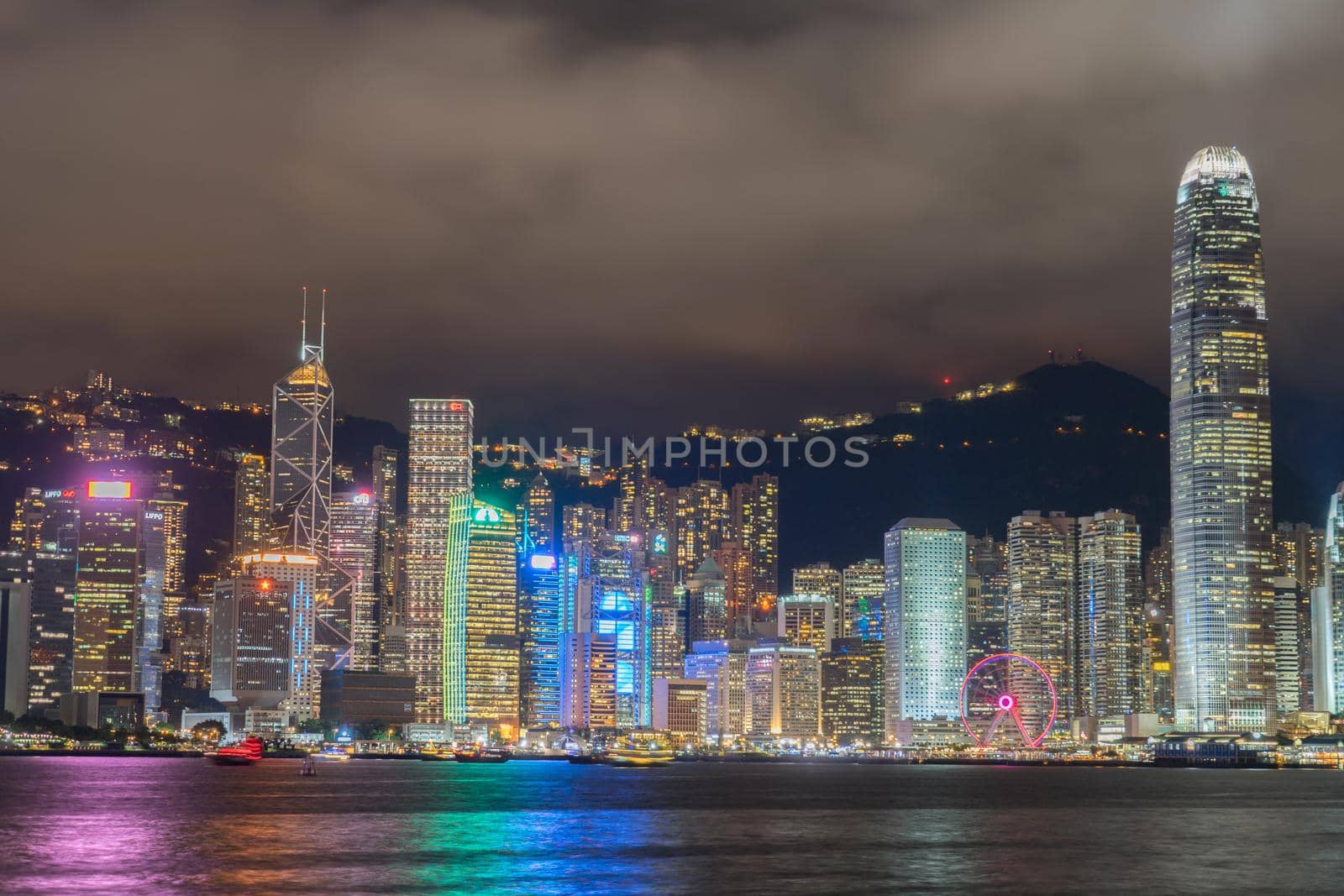 Night view of Hong Kong seen from Victoria Harbor. Shooting Location: Hong Kong Special Administrative Region