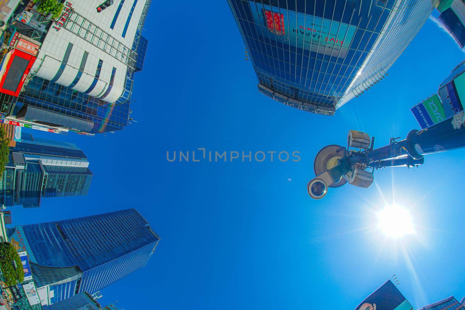 Shibuya townscape and blue sky. Shooting Location: Tokyo metropolitan area
