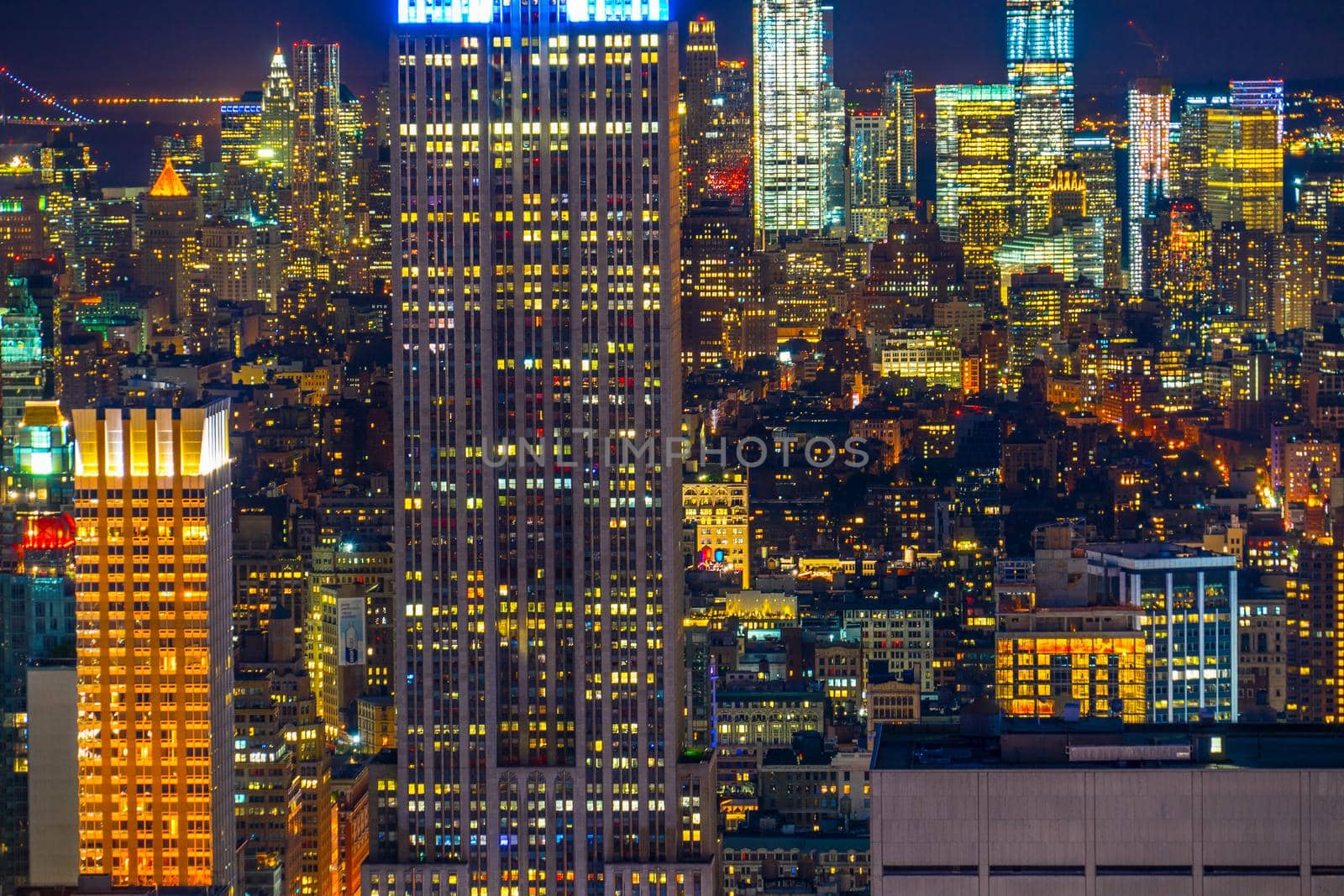 Night view of downtown seen from top of the rock (Rockfeller Center Observatory). Shooting Location: New York, Manhattan
