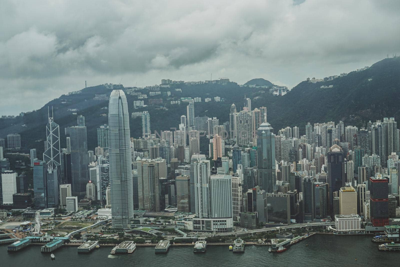 Hong Kong cityscape seen from SKY100 observation deck. Shooting Location: Hong Kong Special Administrative Region
