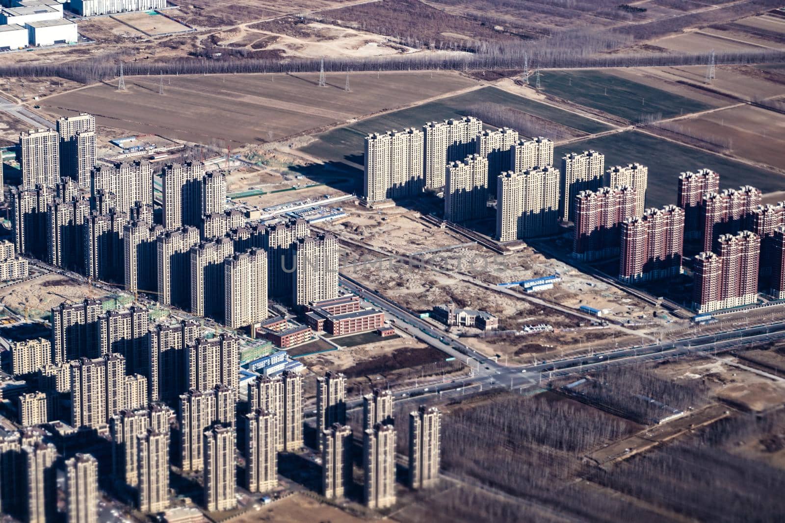 Housing district of China and Beijing seen from the plane. Shooting Location: China, Beijing