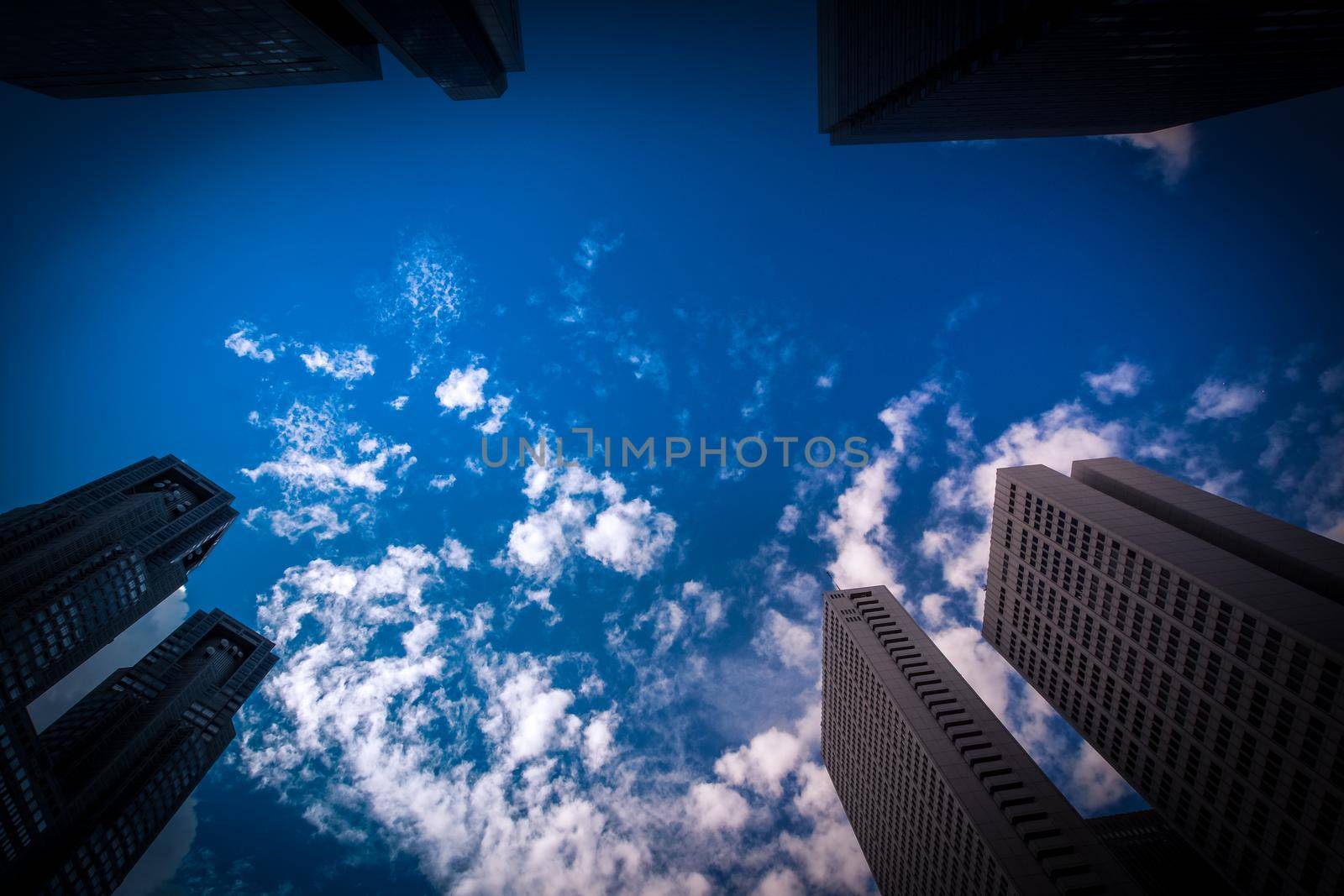 Shinjukus skyscrapers and blue sky. Shooting Location: Tokyo metropolitan area