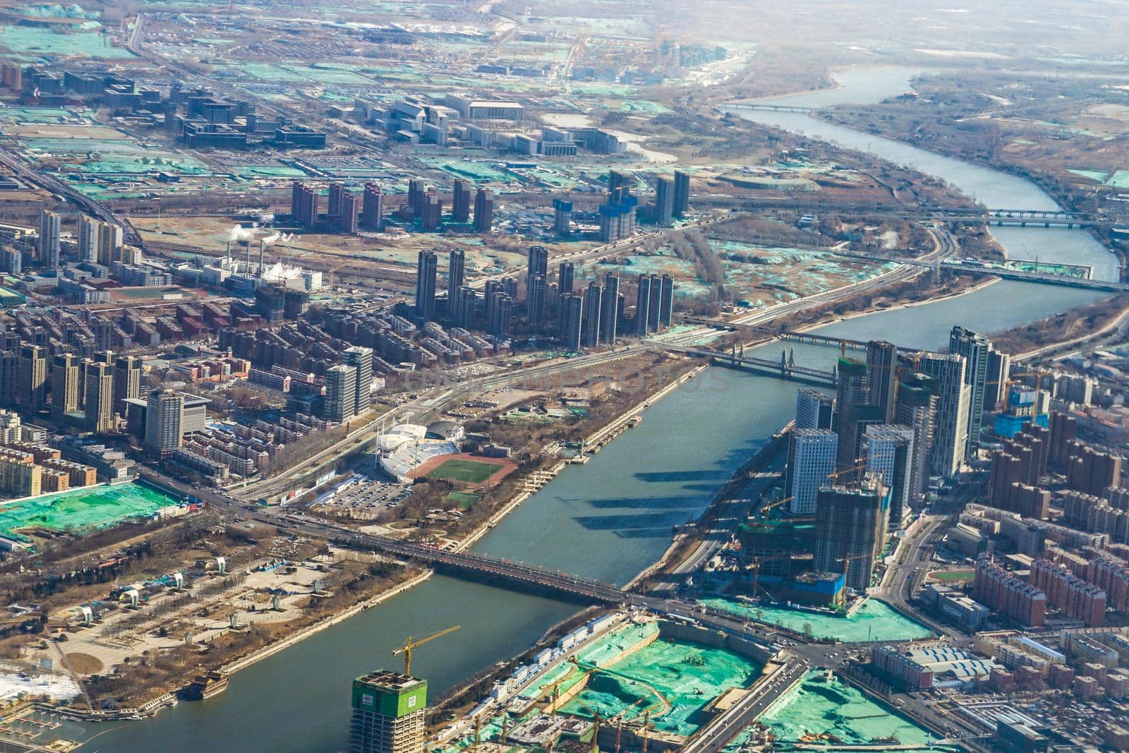 Housing district of China and Beijing seen from the plane. Shooting Location: China, Beijing