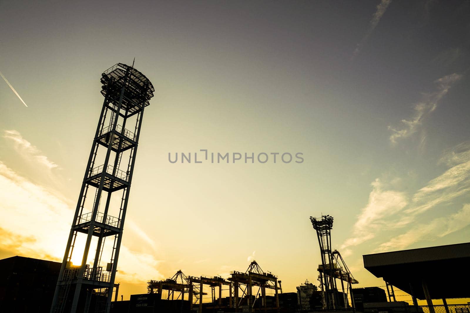 Sunset view with crane group of Yokohama port. Shooting Location: Yokohama-city kanagawa prefecture