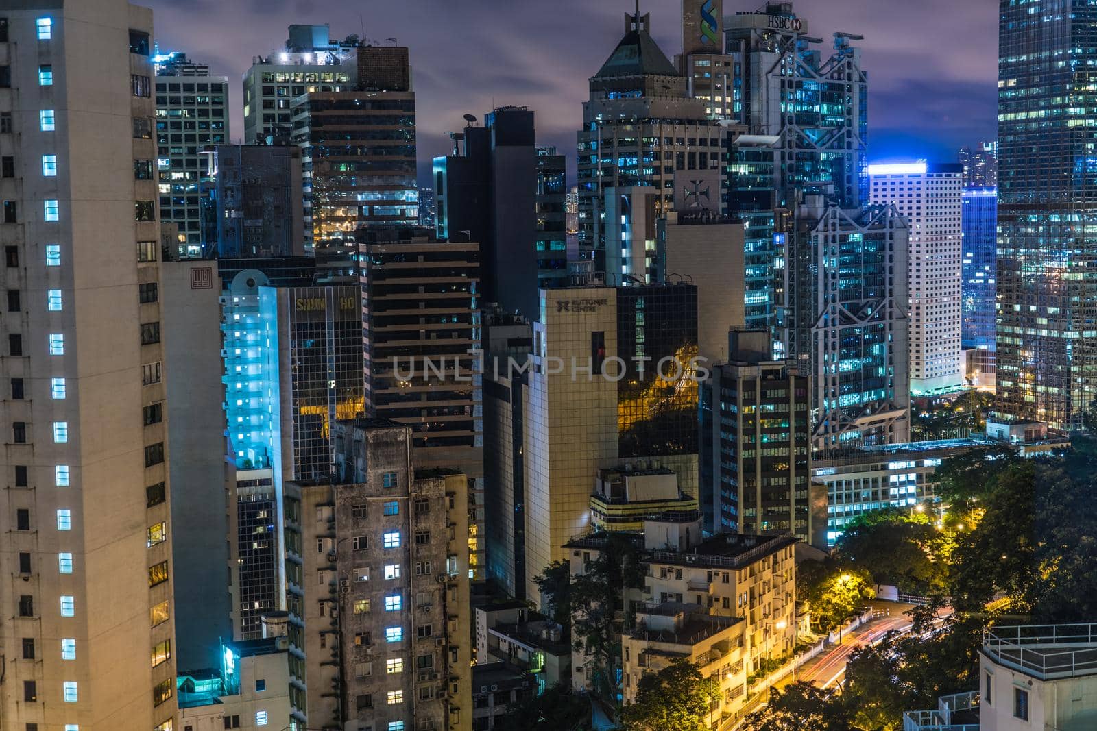 Night view of skyscrapers in Hong Kong Special Administrative District. Shooting Location: Hong Kong Special Administrative Region