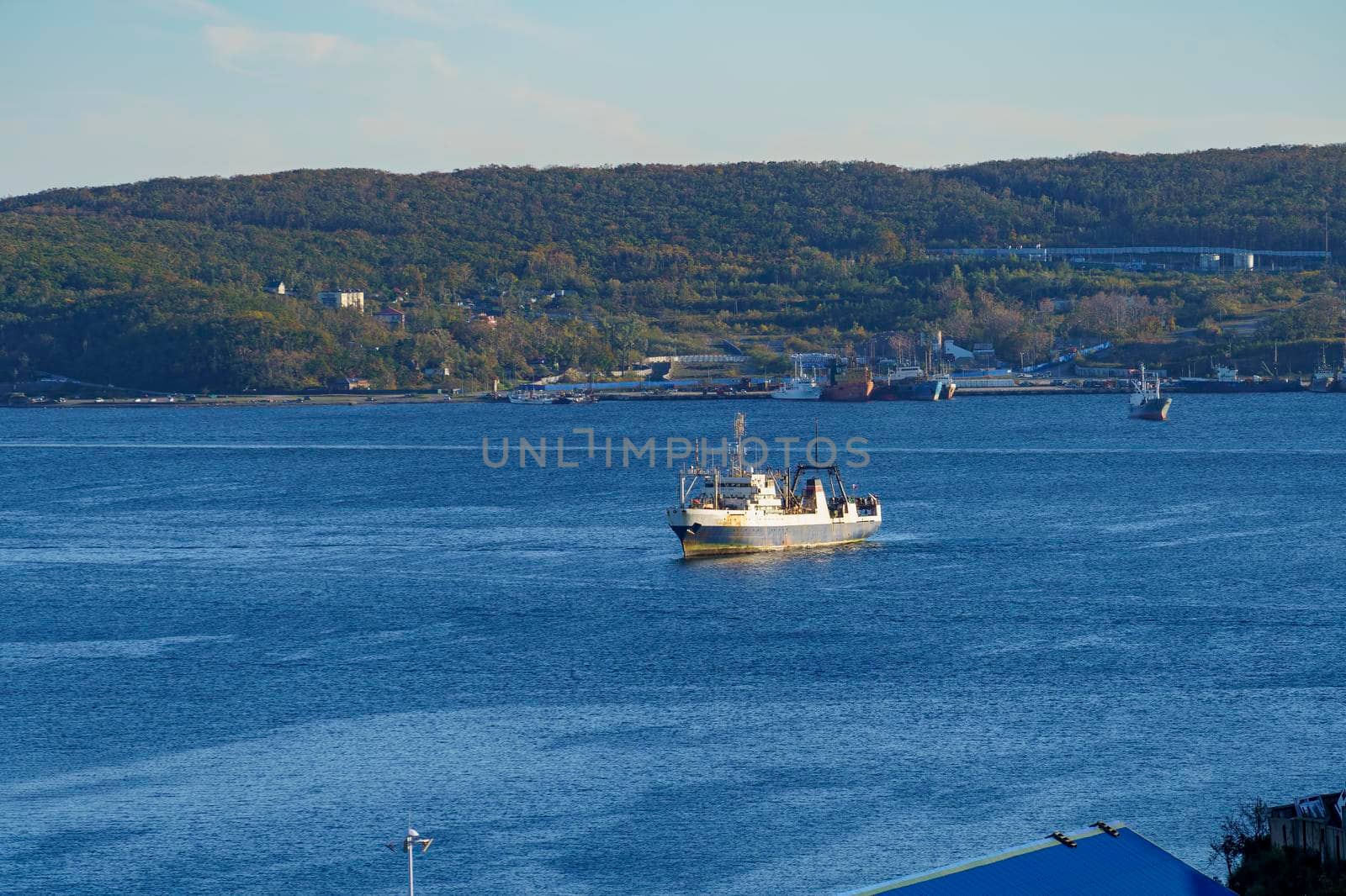 Seascape with a view of the bay and ships. Vladivostok, Russia