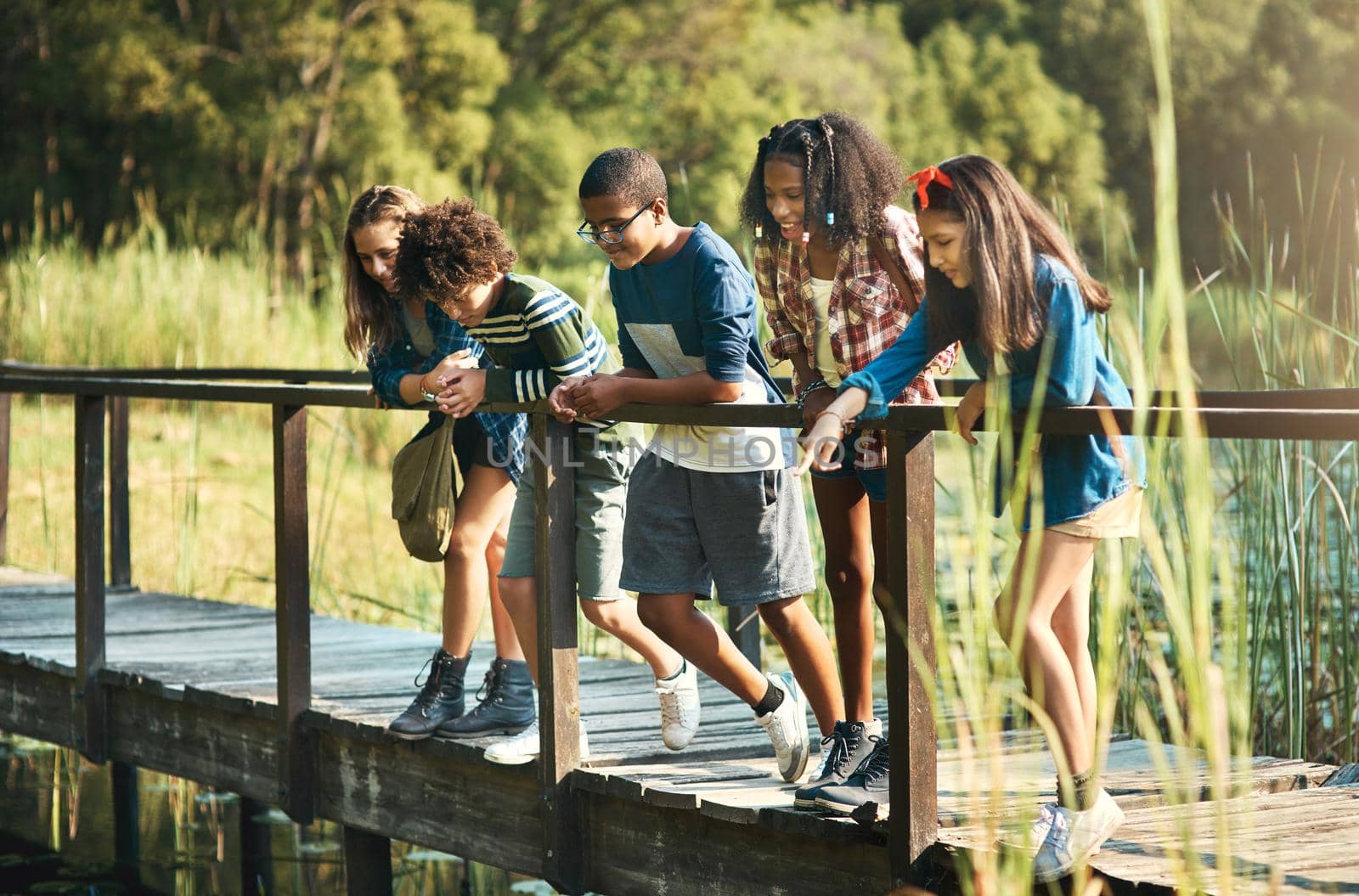 Nature is the new classroom. Shot of a group of teenagers standing on a bridge in nature at summer camp. by YuriArcurs