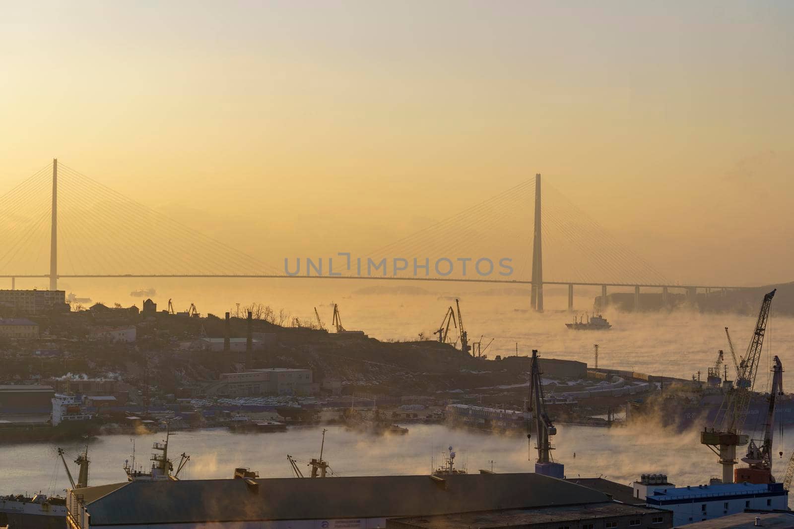 City landscape with a view of the Russian Bridge at dawn. Vladivostok, Russia